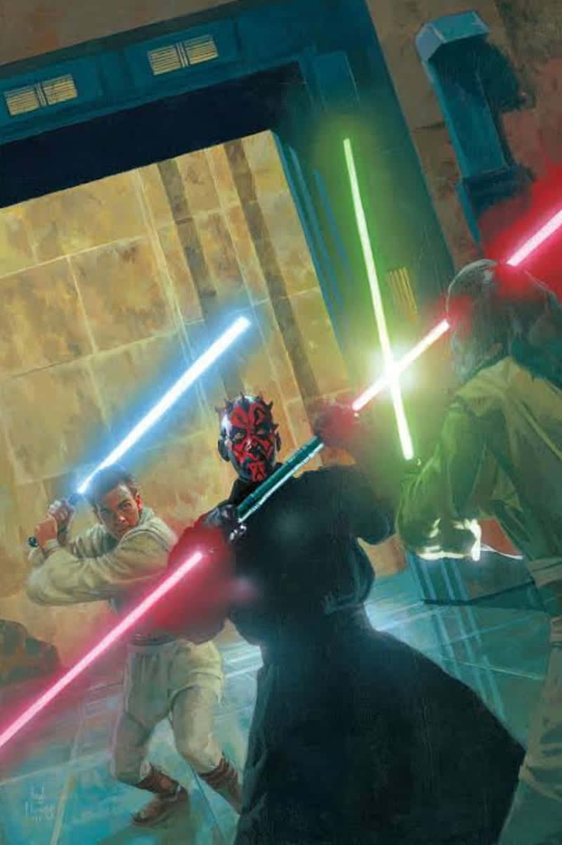 Qui-gon Jinn 桌布 壁紙 — 三名戰士在未來主義的石頭走廊中，以發光的紅色、藍色和綠色光劍交鋒。