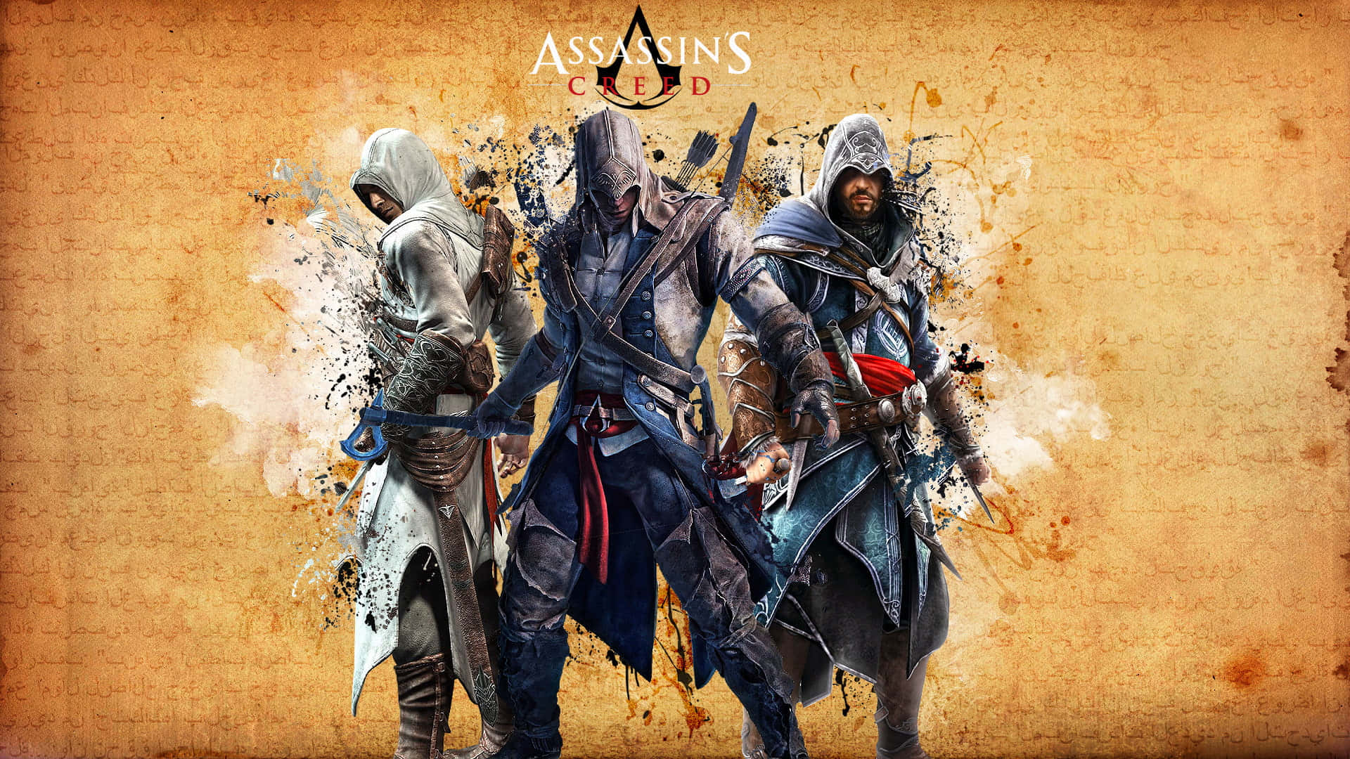 Ezio Auditore 桌布 壁紙 — 三名戴著兜帽的刺客身穿精細盔甲，在帶有紋理的羊皮紙背景前手持武器擺好姿勢。