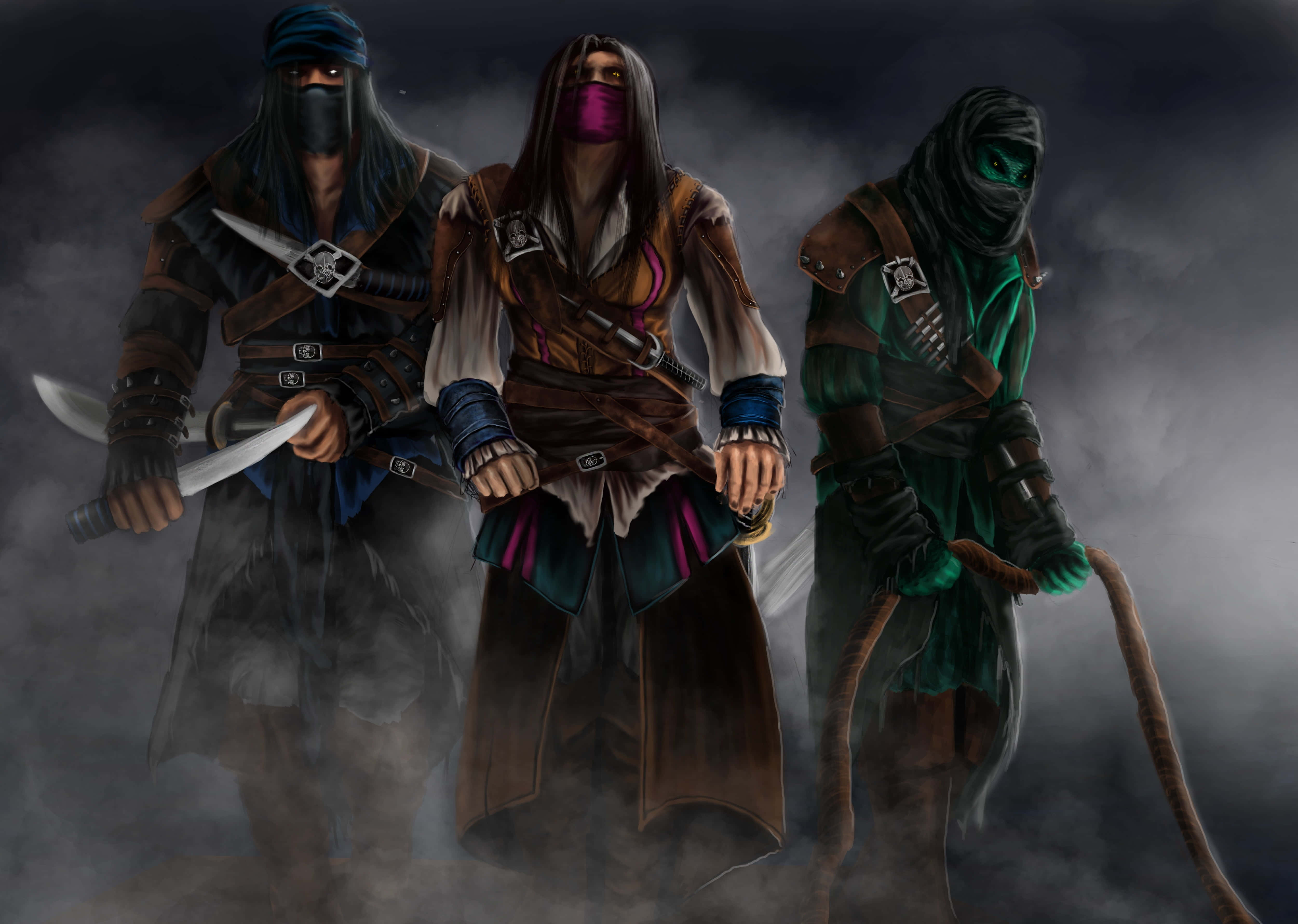 Dark War 桌布 壁紙 — 三名戴面具的刺客身穿黑色長袍，站在迷霧陰影中手持刀刃和法杖。