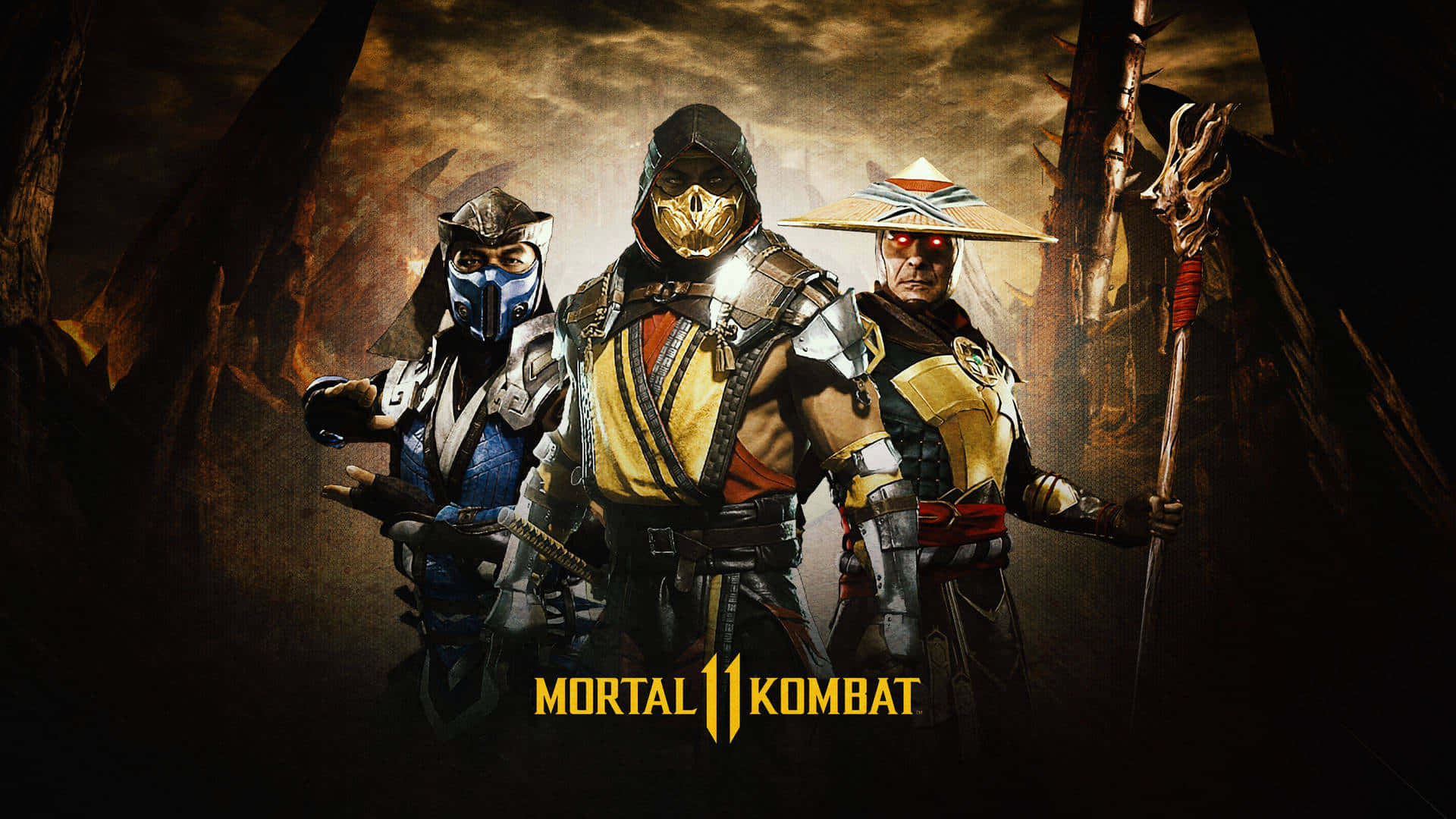 Mortal Kombat Legacy 桌布 壁紙 — 三名戴面具的戰士身穿華麗盔甲，在戲劇性燈光下，對抗風暴岩石背景，屹立不屈。