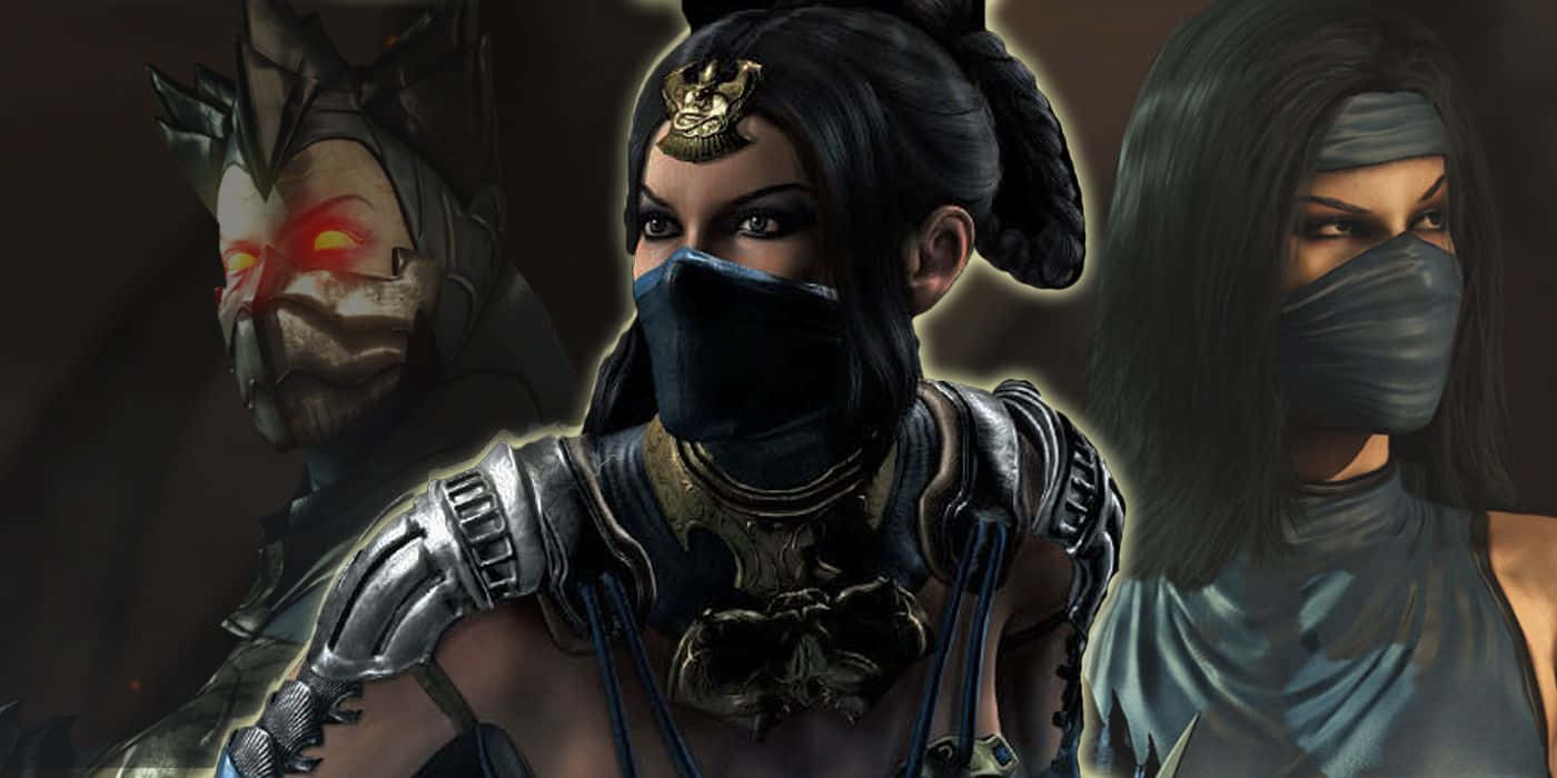 Mortal Kombat Kitana 桌布 壁紙 — 三名戴面具的戰士身穿黑色盔甲，站在昏暗場景中，雙眼發出紅光，表情強烈。