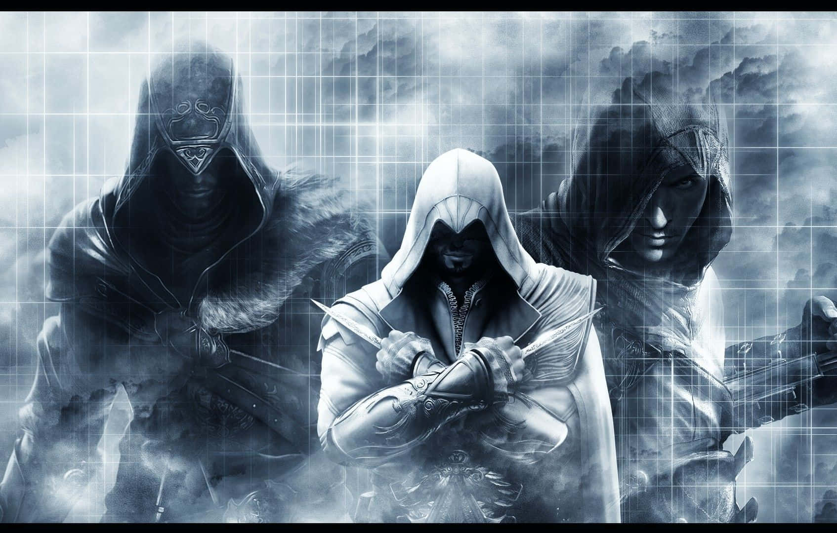 Assassin's Creed Ezio 桌布 壁紙 — 三名戴頭巾的刺客站在暴風雨般的網格疊加中，中央人物緊握雙刃，專注力極強。