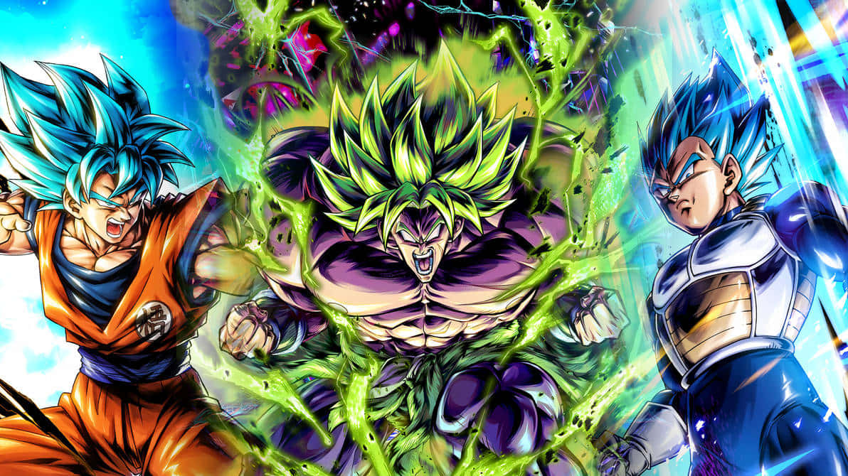 Vegeta And Broly 桌布 壁紙 — 三名撒亞人戰士在充滿活力的動畫戰鬥場景中釋放爆炸性能量，伴隨著電光綠和藍色效果。