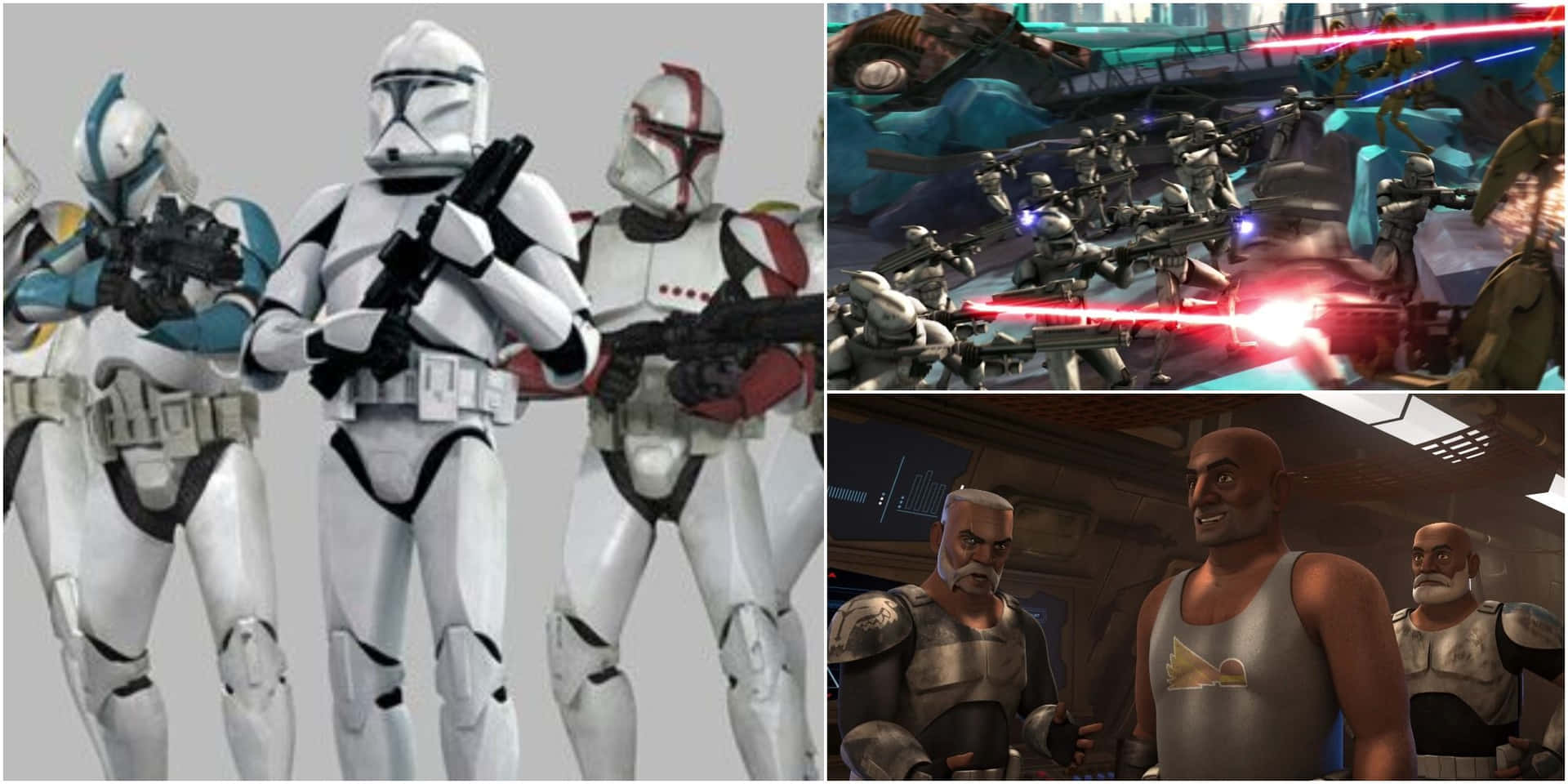 The Clone Army 桌布 壁紙 — 三名星際大戰的克隆人突擊兵在戰艦內部列隊，旁邊是戰鬥場景，有爆能槍射擊和一組裝甲角色。