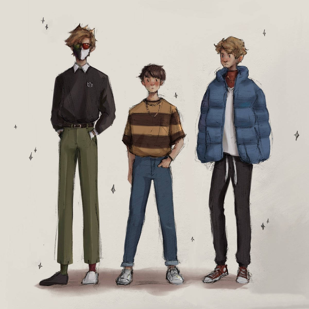 三位插圖風格的年輕男性穿著休閒街頭服飾一起擺姿勢。