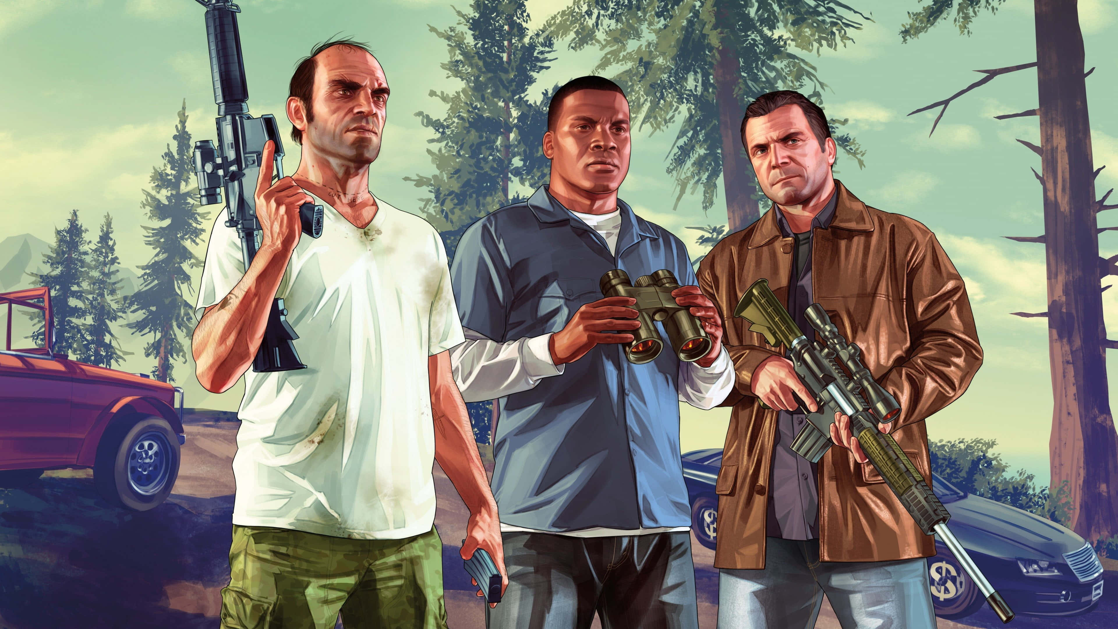 Gta V 4K 桌布 壁紙 — 三名武裝男子站在森林空地上，附近停著復古汽車，天空明亮。