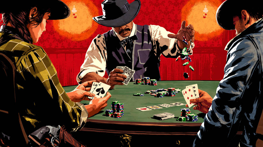 Poker 桌布 壁紙 — 三名牛仔在沙龍中激烈地玩撲克，籌碼飛舞，其中一人戲劇性地將籌碼拋向空中。