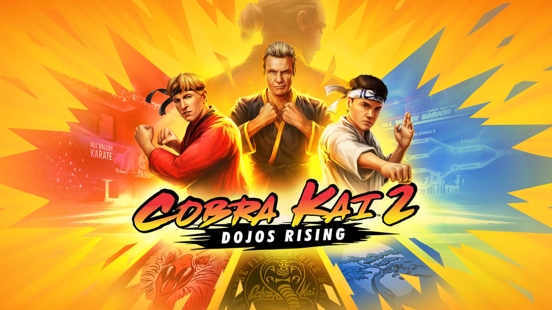 Cobra Kai 2 Dojos Rising 海報，展示三名武術家擺出戰鬥姿勢。 — 眼鏡蛇道館 GIF 壁紙