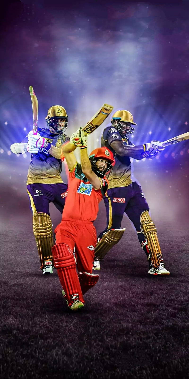 royal challengers bangalore 桌布 壁紙 — 三名穿著鮮豔球衣的板球運動員在宇宙紫色星空背景下動態擊球。