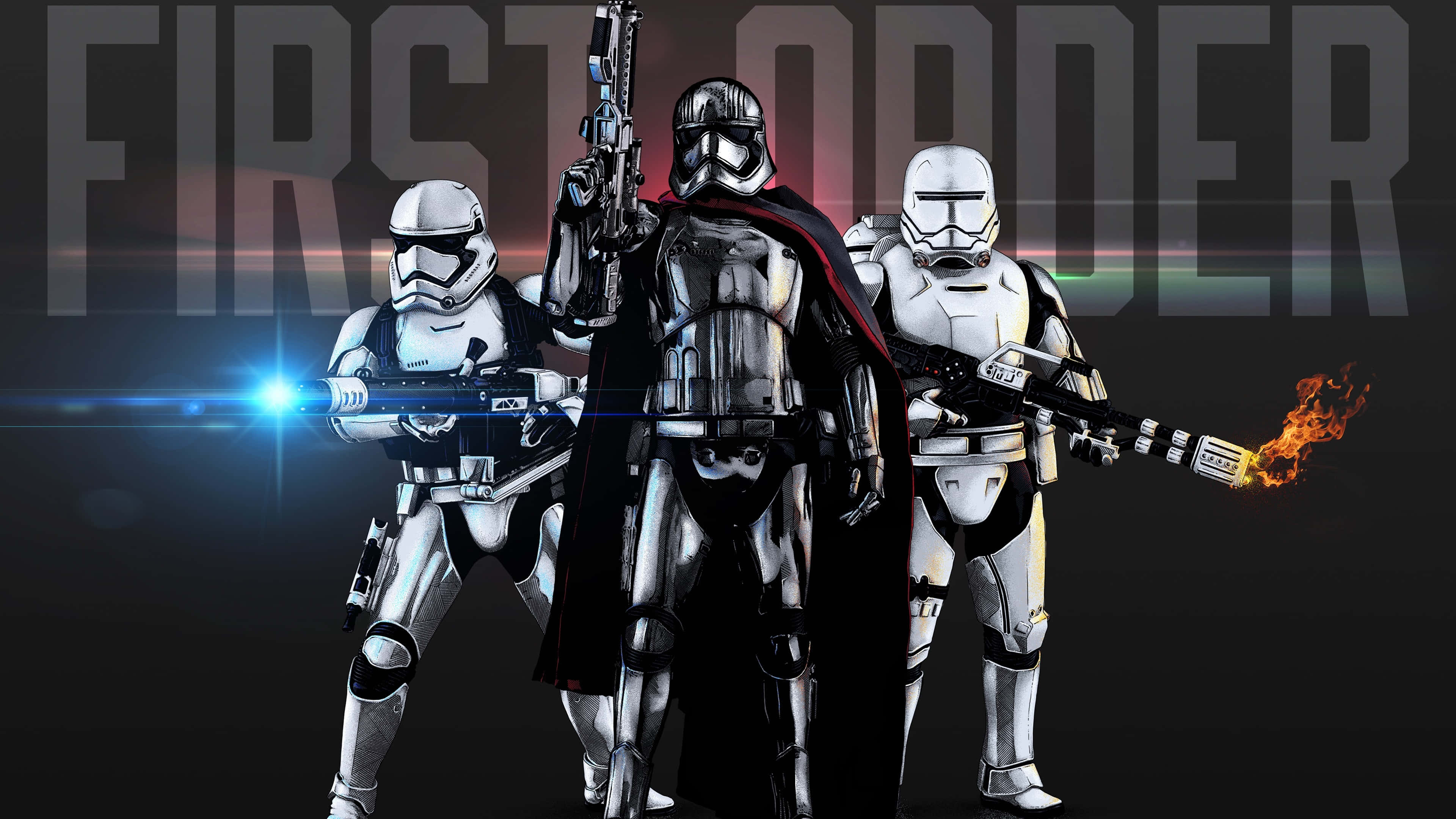 First Order 桌布 壁紙 — 三名第一軍團的風暴兵以戰鬥姿態站立，手持發光的爆能槍，背景為黑暗並帶有「FIRST ORDER」文字。