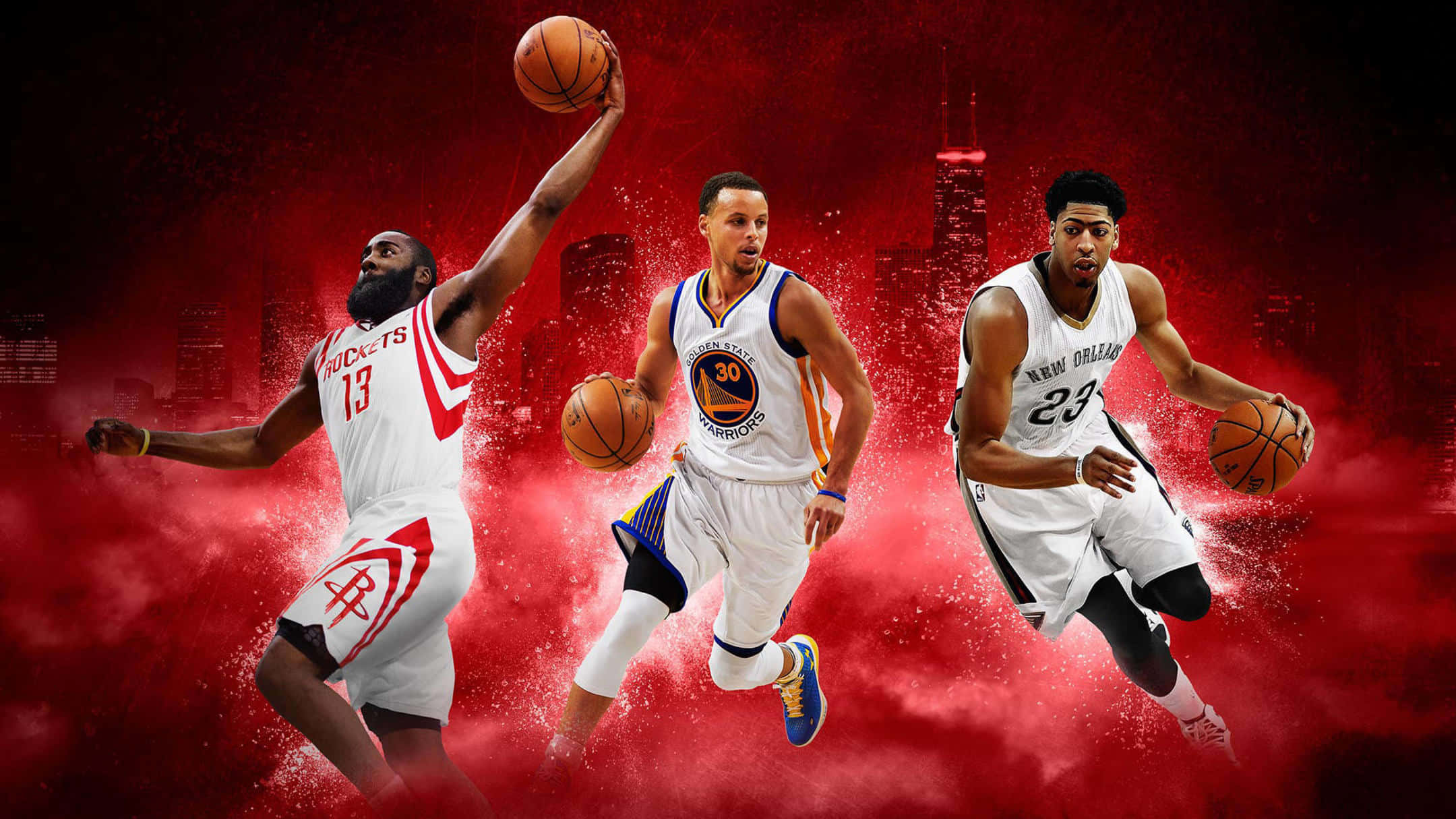 Best Sports 桌布 壁紙 — 三名籃球運動員在火紅的城市景觀背景下進行動作，帶有動態運動效果。
