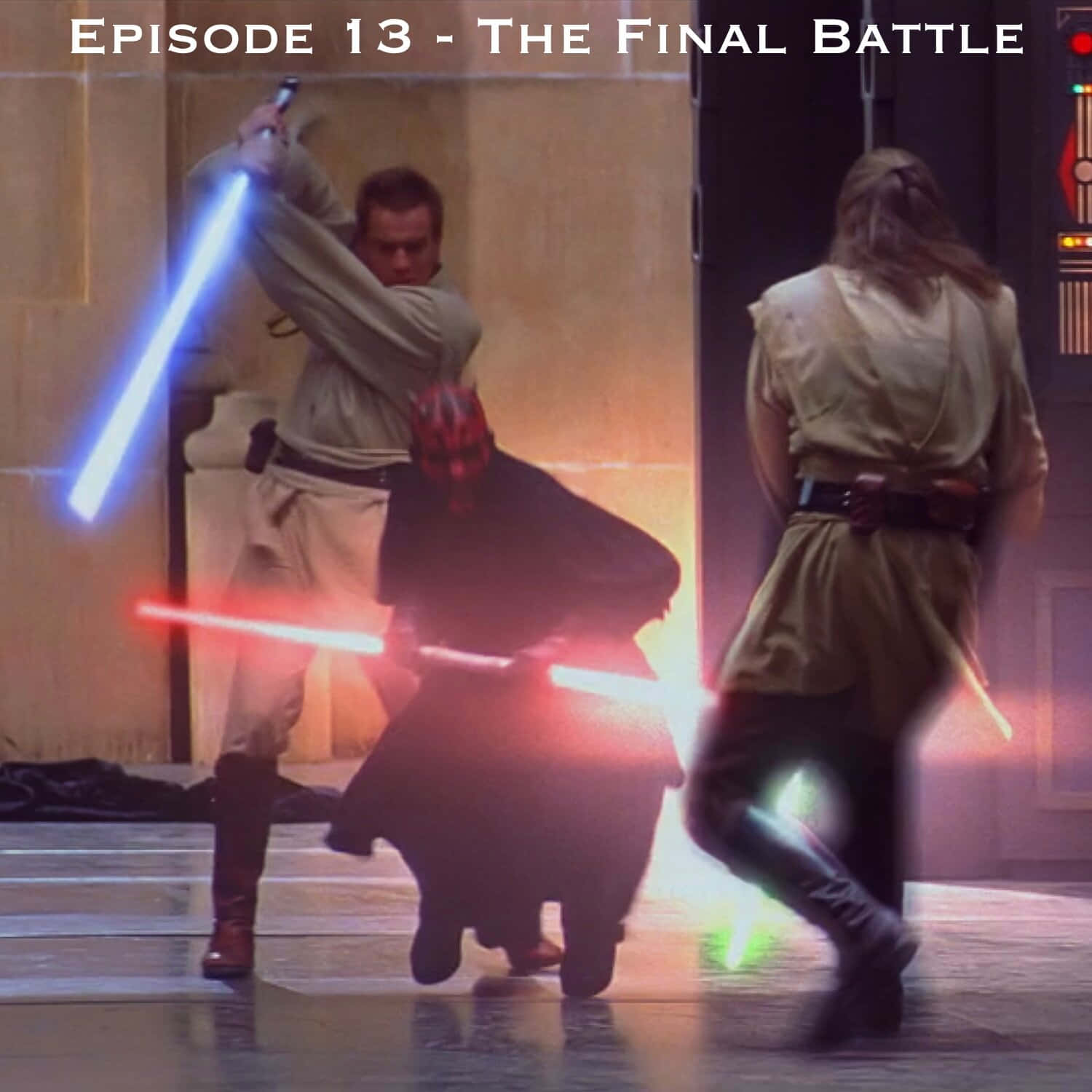 Qui-gon Jinn 桌布 壁紙 — 三名絕地武士在戲劇性的室內戰鬥場景中，使用發光的藍色、紅色和綠色光劍進行決鬥。