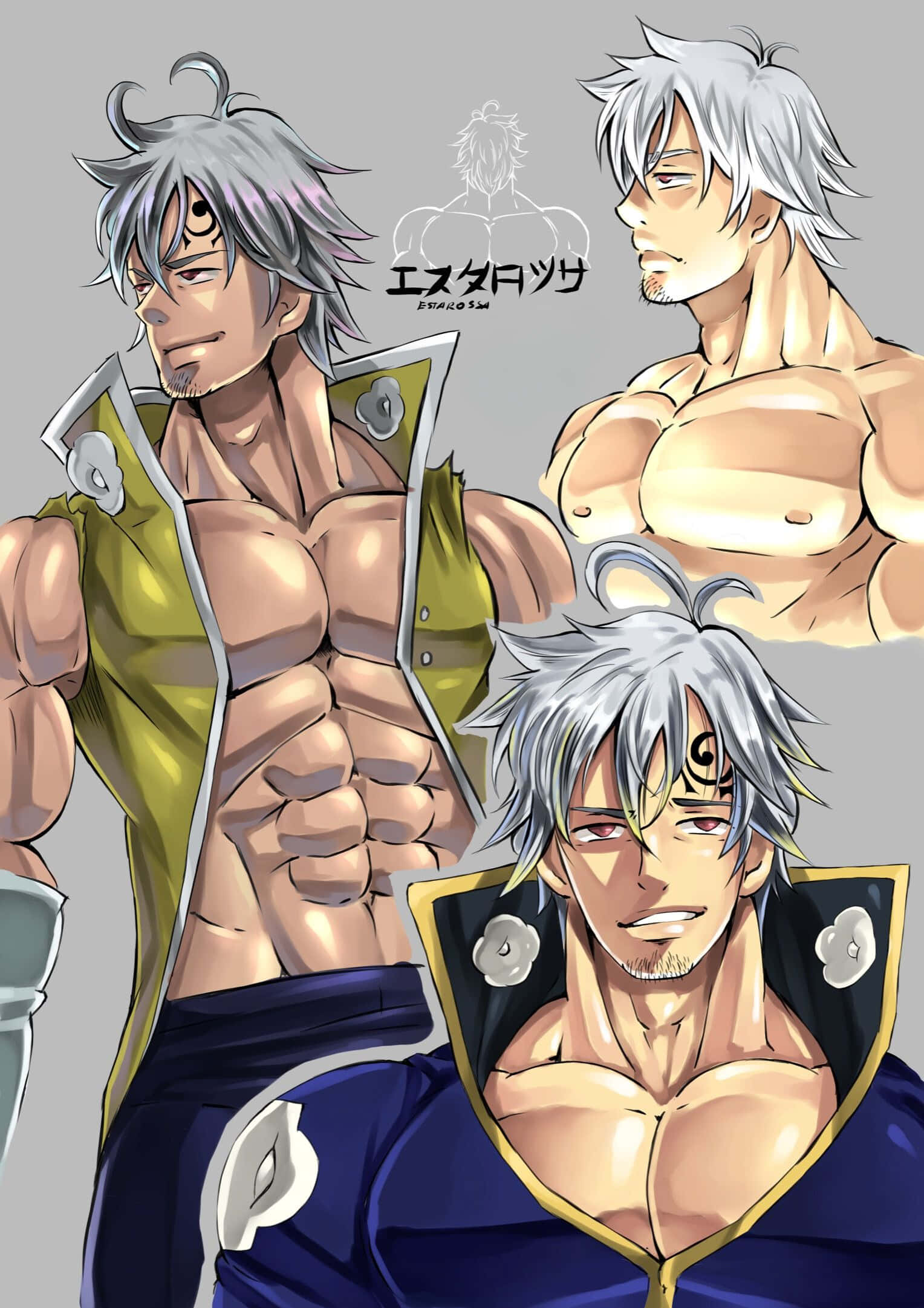 Seven Deadly Sins Estarossa 桌布 壁紙 — 三名肌肉發達的動漫男性，銀色頭髮和紋身，穿著精細的奇幻盔甲，在純灰色背景前擺姿勢。
