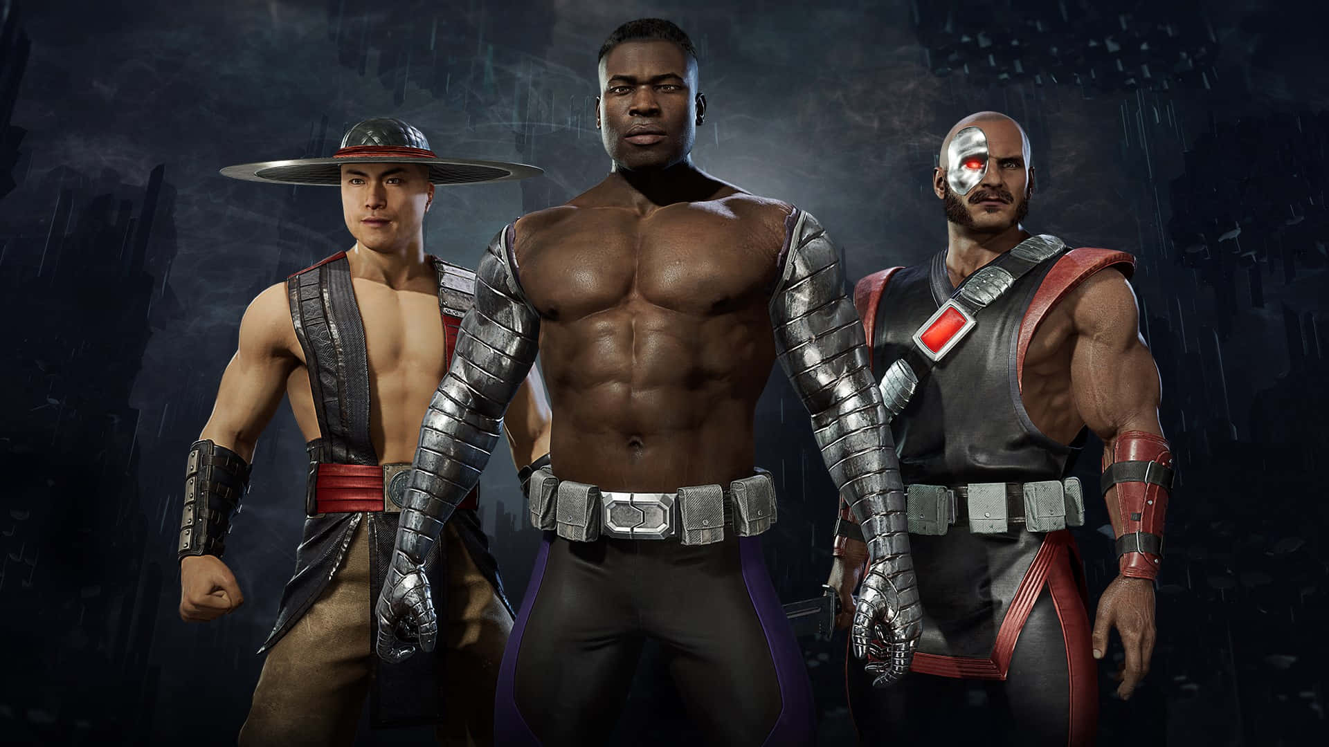 Mortal Kombat Jax 桌布 壁紙 — 三名肌肉發達的戰士身穿精細盔甲，自信地站在黑暗雨夜的城市背景下。