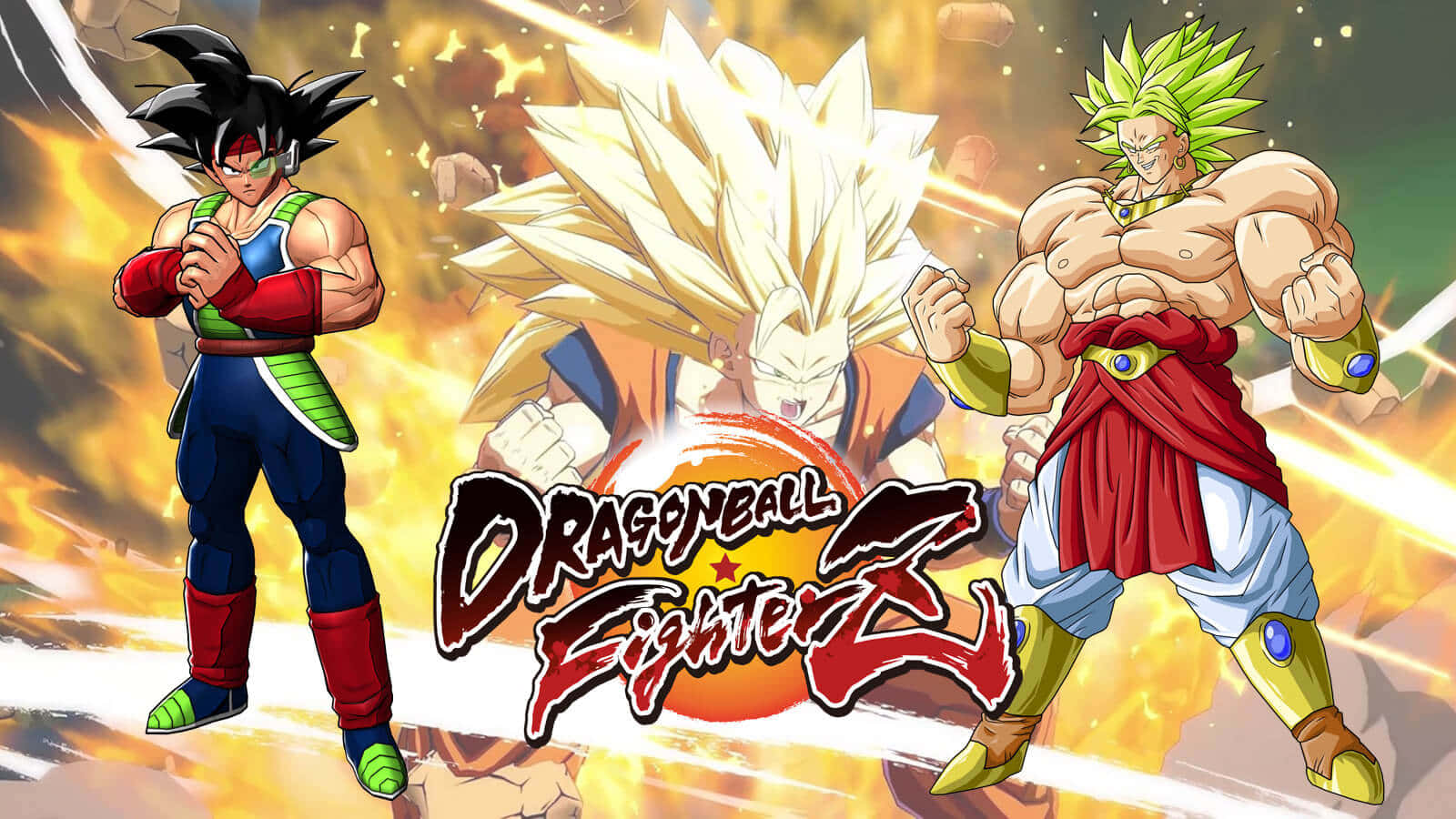 Dragon Ball Characters 桌布 壁紙 — 三名肌肉發達的龍珠戰士在火焰爆炸背景下擺出動態戰鬥姿勢。