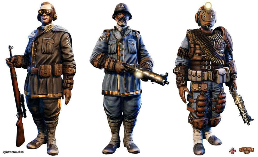Bioshock Characters 桌布 壁紙 — 三名蒸氣龐克士兵穿著詳細制服，戴著護目鏡和槍械，站在純白色背景前。