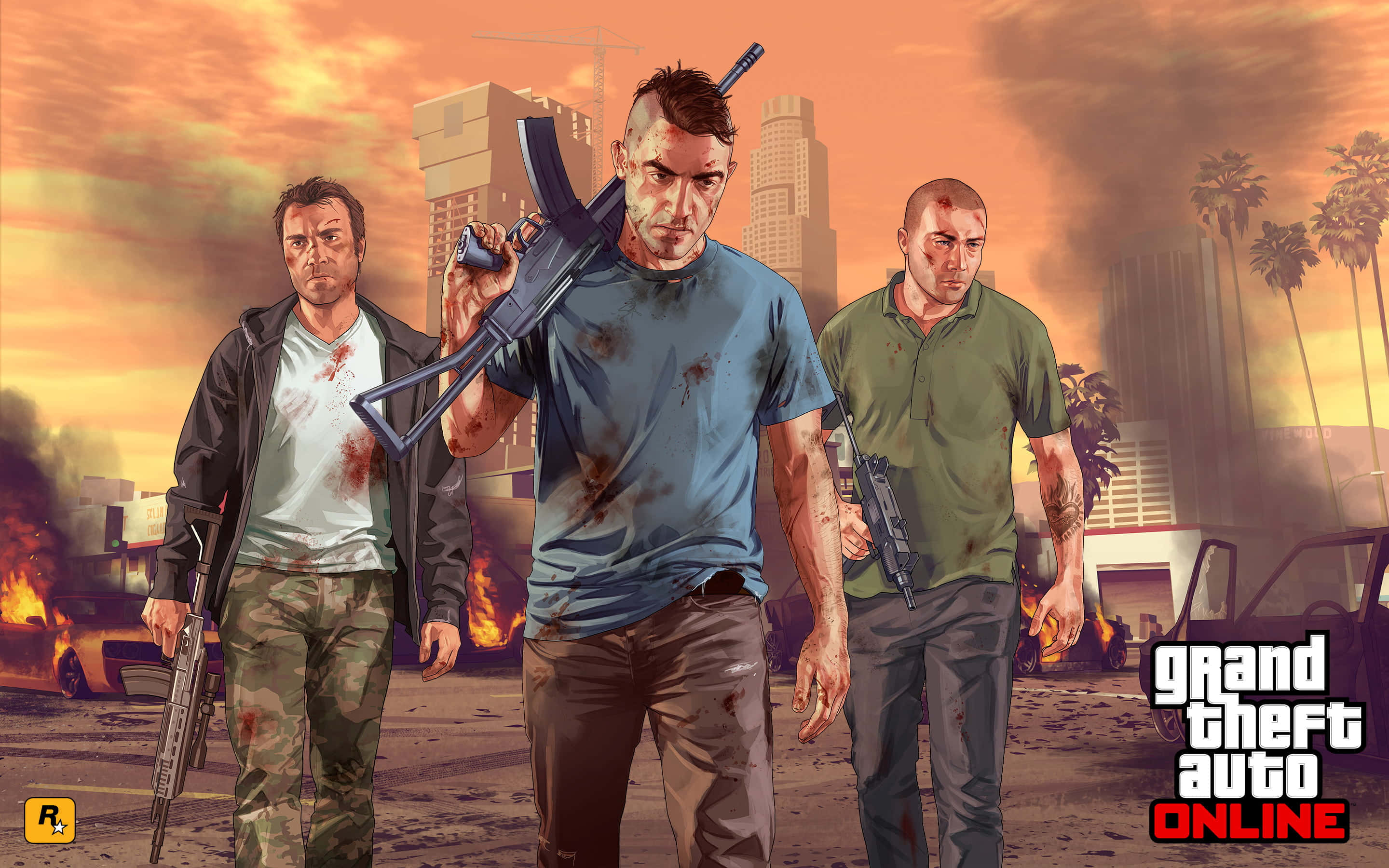 Online Games 桌布 壁紙 — 三名血跡斑斑、手持槍械的男子，在熾熱的橙色天空下，大步穿過燃燒的城市景觀。