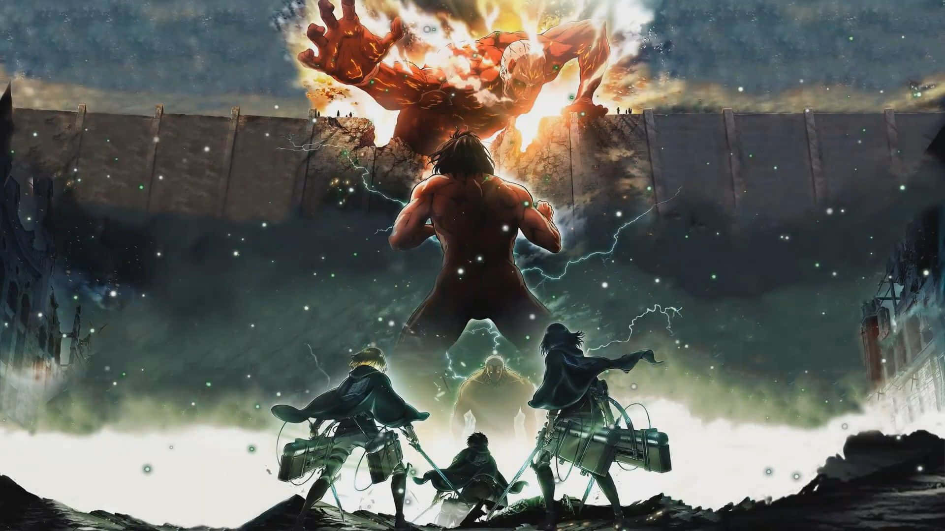 Attack On Titan Season 3 桌布 壁紙 — 三名裝備齊全的戰士在暴風雨的天空下，面對一個突破崩塌城牆的龐大火焰巨人。