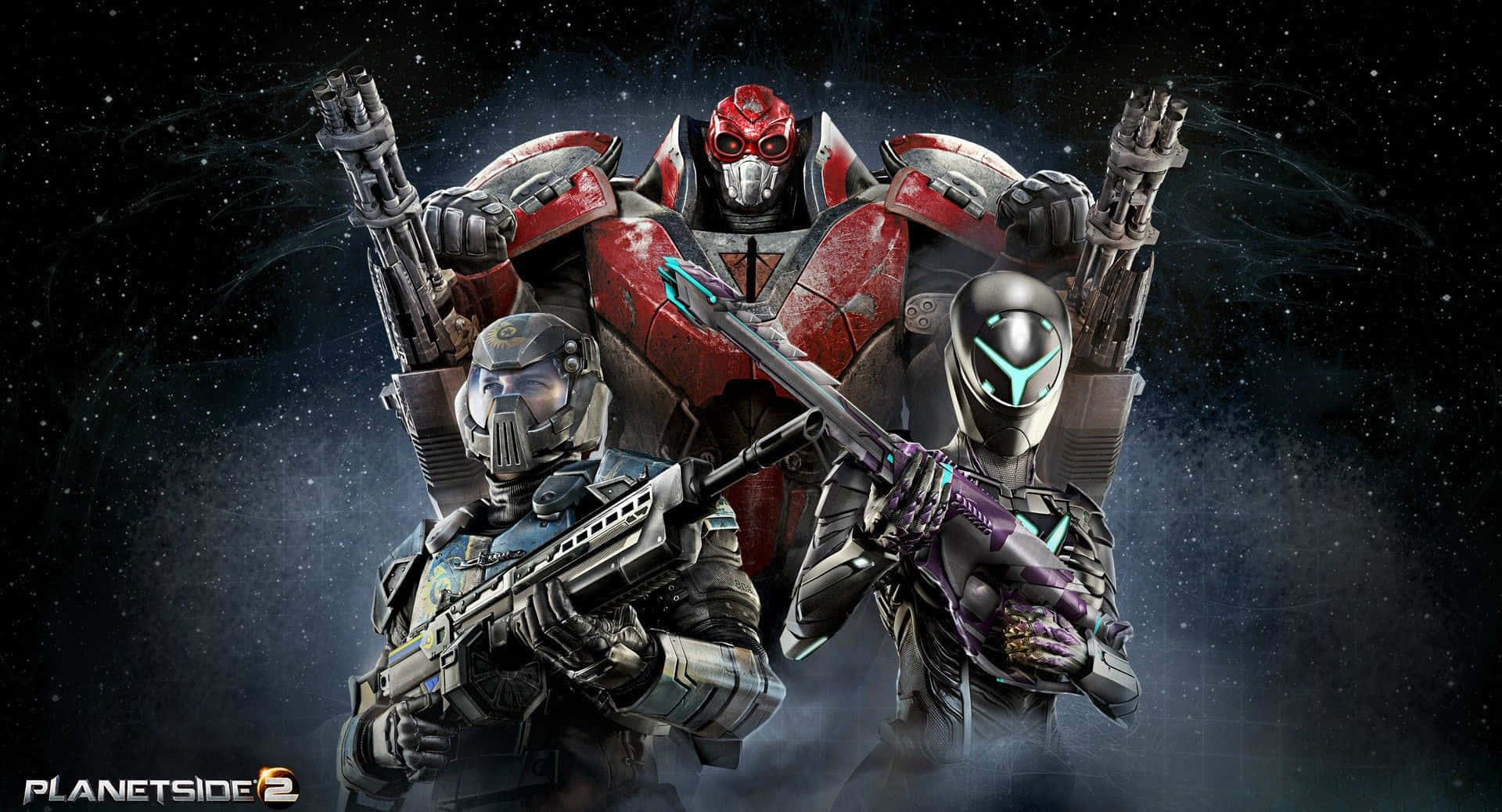 Online Games 桌布 壁紙 — 三名裝甲士兵和一個巨大的紅色機械人，在星光閃爍的太空背景下手持發光武器準備就緒。