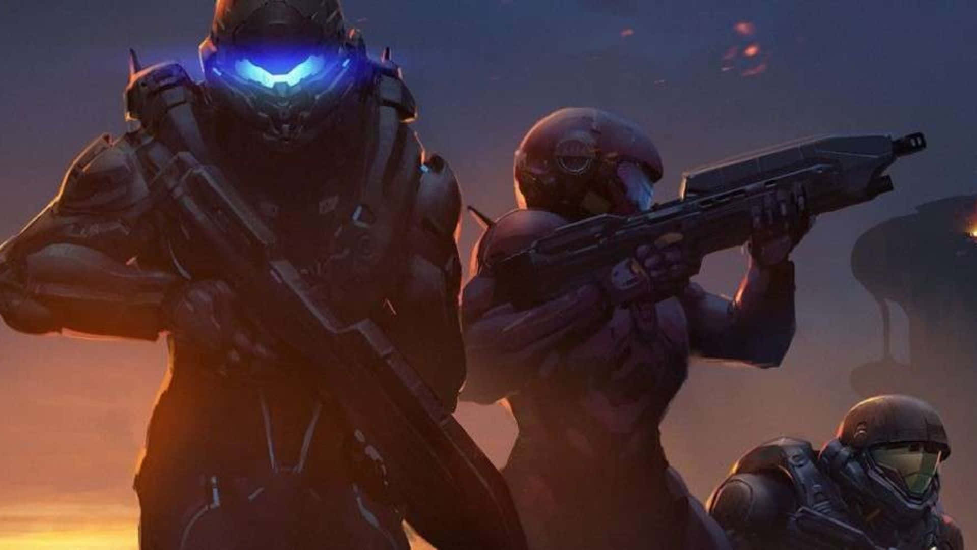 Fireteam Osiris 桌布 壁紙 — 三名裝甲士兵戴著發光面罩，手持武器，在熾熱的夕陽天空下準備就緒。