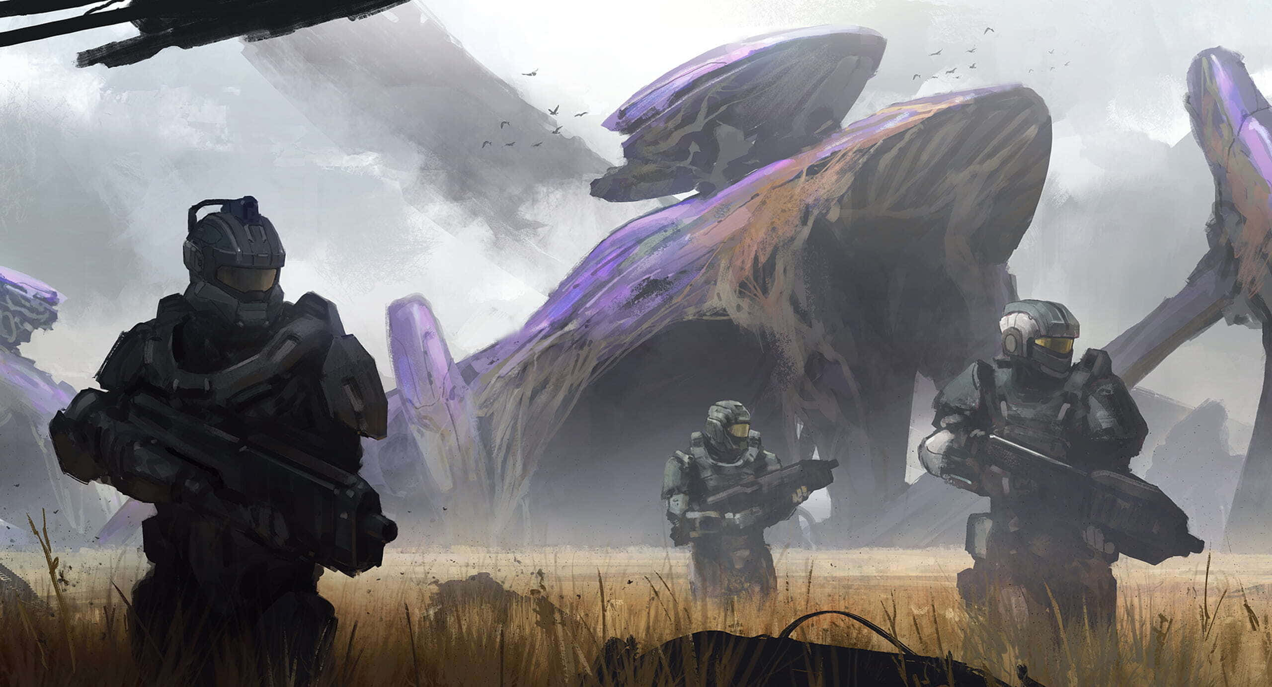 Halo Battle 桌布 壁紙 — 三名裝甲士兵站在荒蕪的田野中，面對著暴風雨天空下的巨大紫色外星飛船。