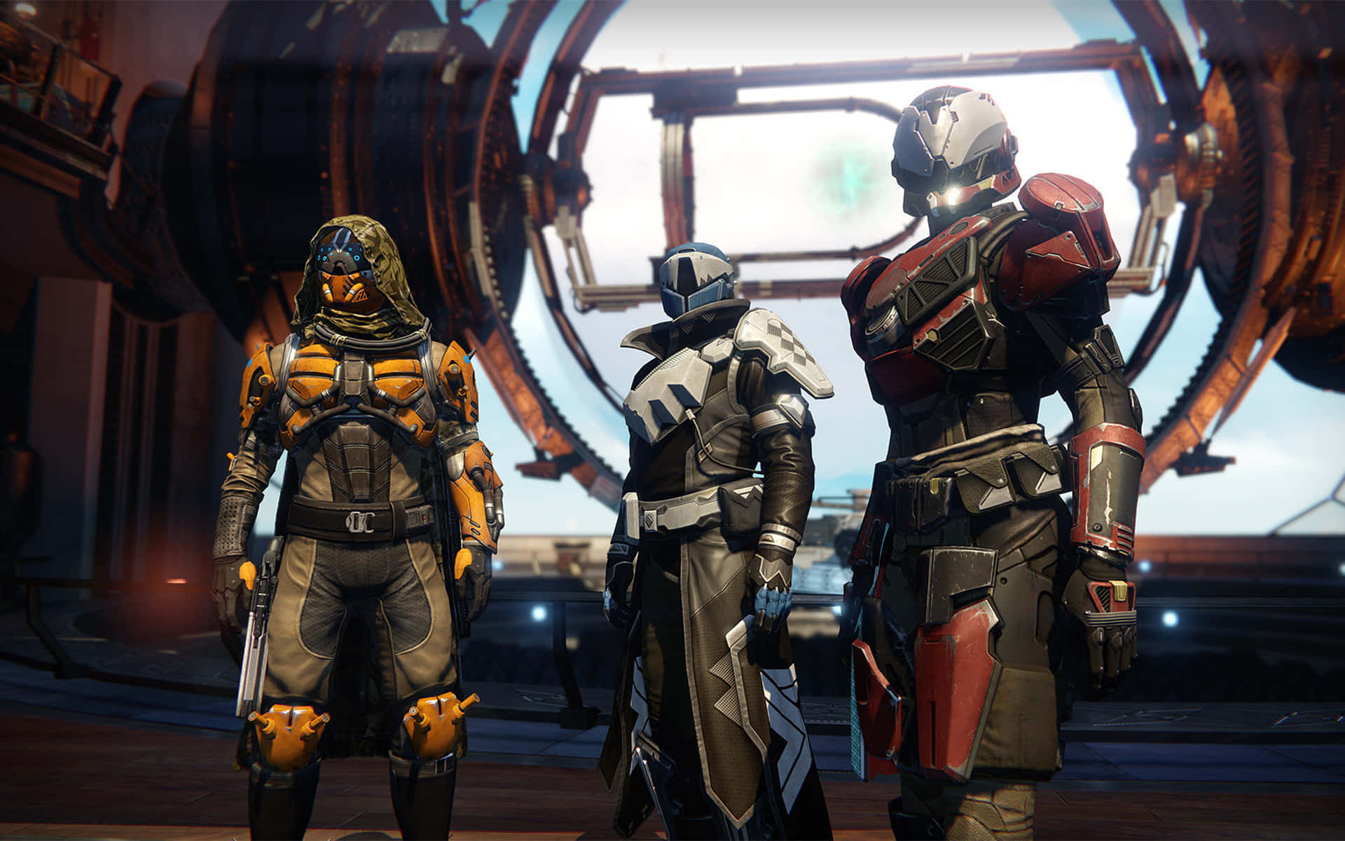 Destiny Characters 桌布 壁紙 — 三名裝甲太空戰士站在一個未來風格的機庫中，身後有巨大的機械結構。