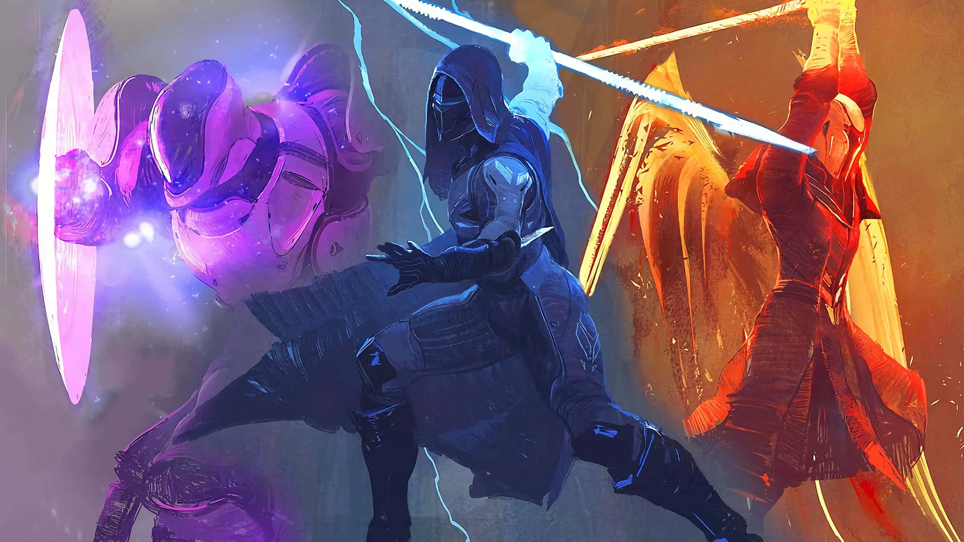 Destiny Characters 桌布 壁紙 — 三名裝甲戰士在動態戰鬥中碰撞，手持發光武器，伴隨著充滿活力的紫色和橙色燈光。