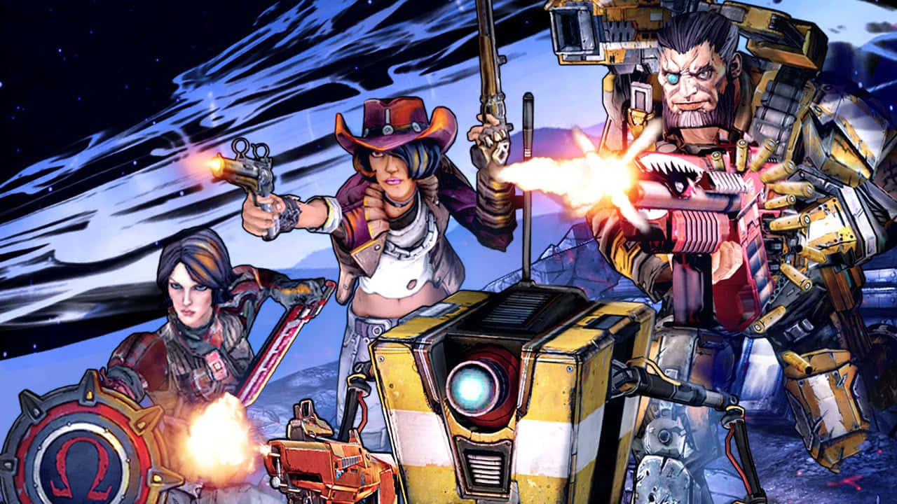 Borderlands Characters 桌布 壁紙 — 三名裝甲戰士在宇宙風暴中開火，槍口閃光與機械細節閃耀。