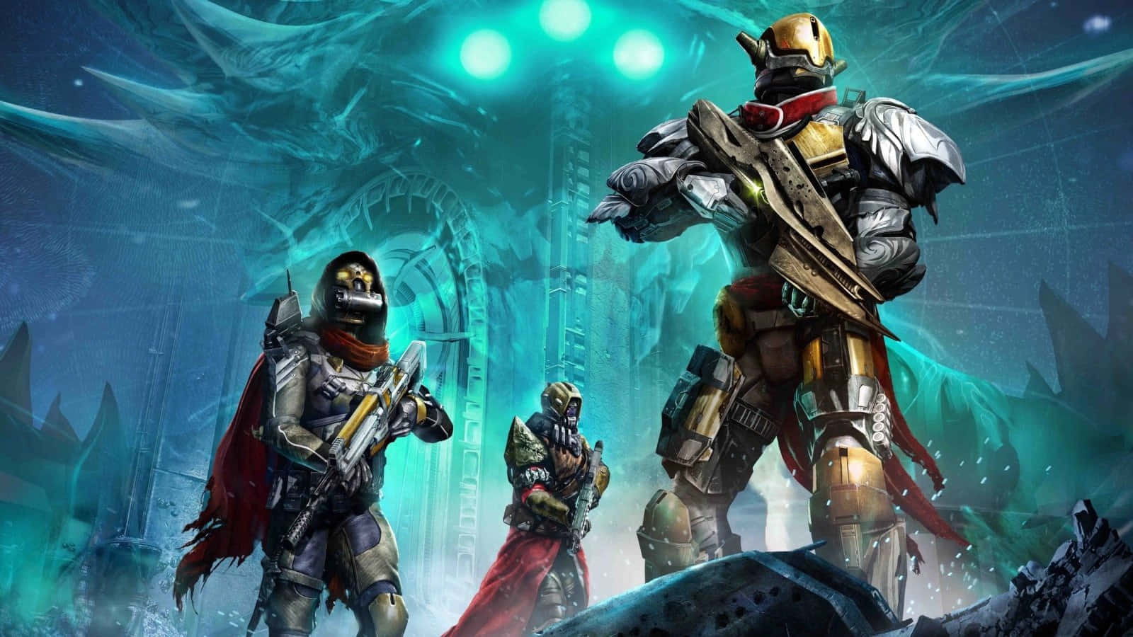 Destiny Characters 桌布 壁紙 — 三名裝甲戰士在發光的外星遺跡中，在詭異的青綠色燈光下準備就緒。