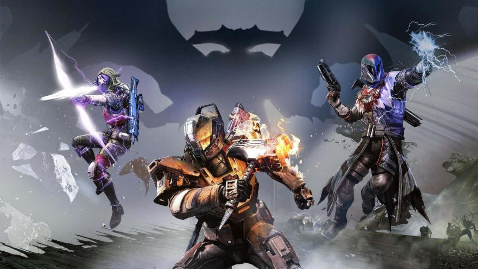 Destiny Characters 桌布 壁紙 — 三名裝甲戰士在黑暗的暴風雨戰場上，對一個逼近的蝙蝠狀剪影釋放電擊和火焰攻擊。