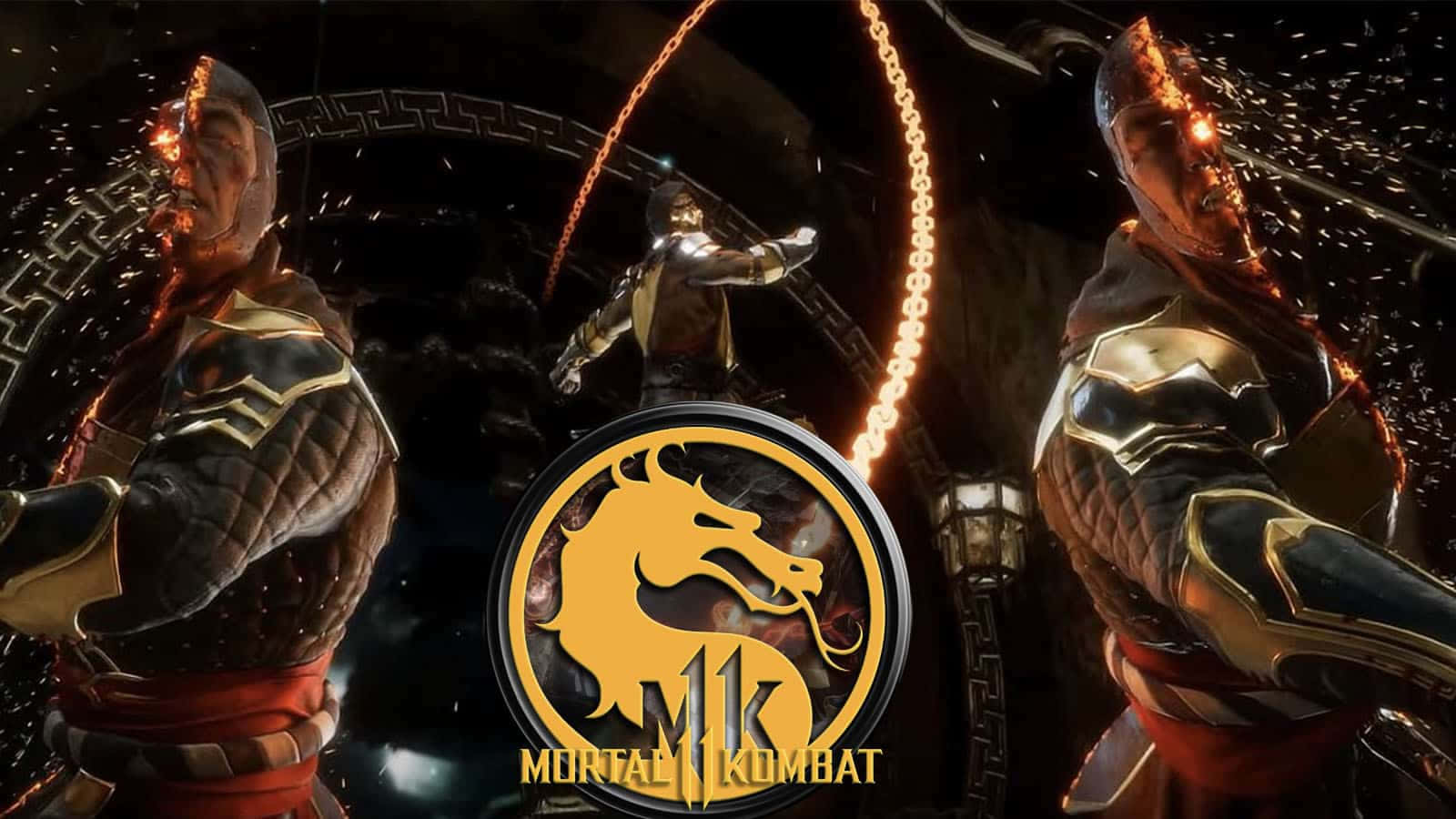 Mortal Kombat Legacy 桌布 壁紙 — 三名裝甲戰士在黑暗競技場中，帶有發光鎖鏈和Mortal Kombat標誌。