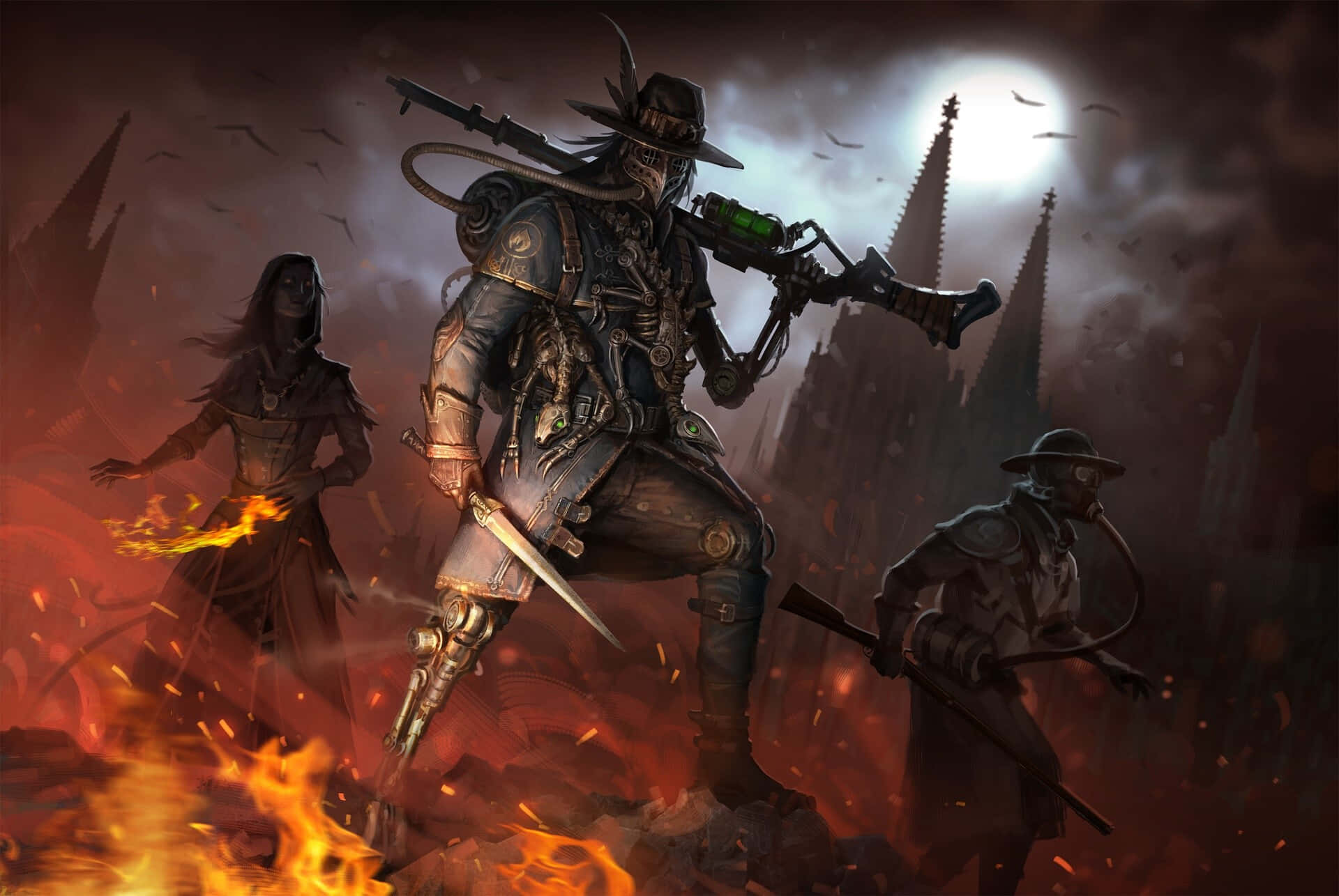 Dark Steampunk 桌布 壁紙 — 三名裝甲戰士帶著機械肢體，站在滿月下燃燒的廢墟中，背景有哥德式尖塔。