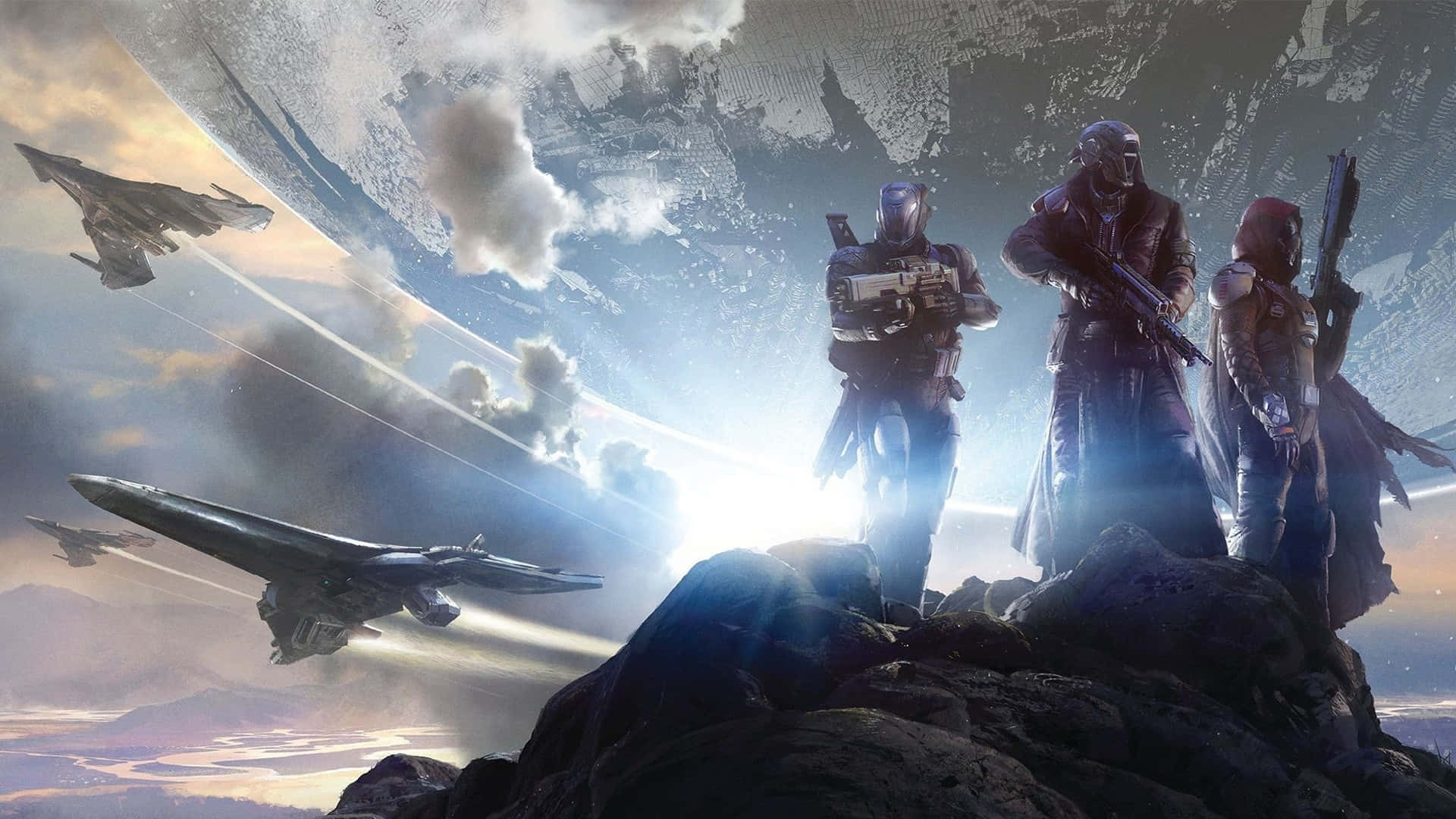 Destiny Characters 桌布 壁紙 — 三名裝甲戰士站在岩石露頭上，俯瞰著一個行星，戰鬥機在雲層密布的天空中呼嘯而過。