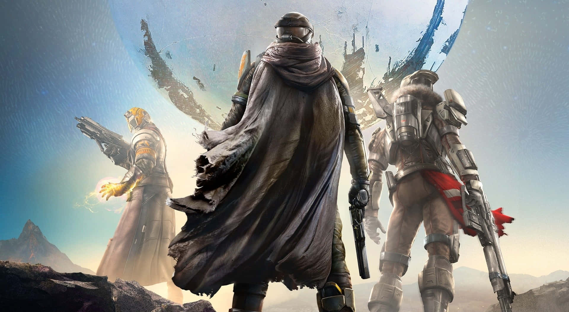 Destiny Characters 桌布 壁紙 — 三名裝甲戰士背光站在一個岩石星球上，背景有破碎的月亮和遙遠的山脈，天空發光。