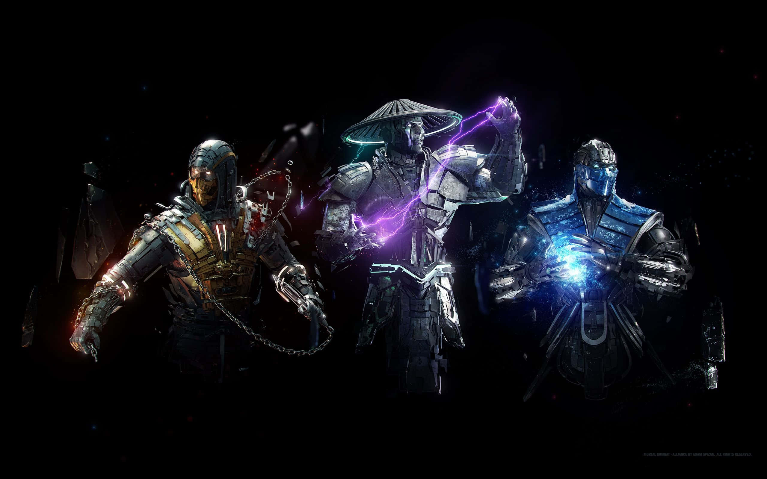 Mortal Kombat Raiden 桌布 壁紙 — 三名裝甲戰士面對黑色虛空，一人揮舞紫色閃電，另一人發出藍色能量光芒，他們的裝備細節帶有金屬光澤和發光點綴。