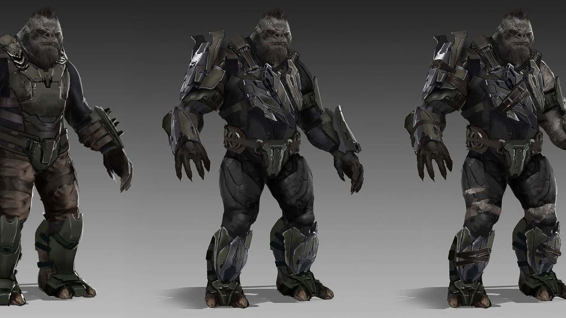 Atriox 桌布 壁紙 — 三名裝甲猿戰士以工作室姿勢站立在灰色中性背景前，展示細節豐富的未來風格盔甲。
