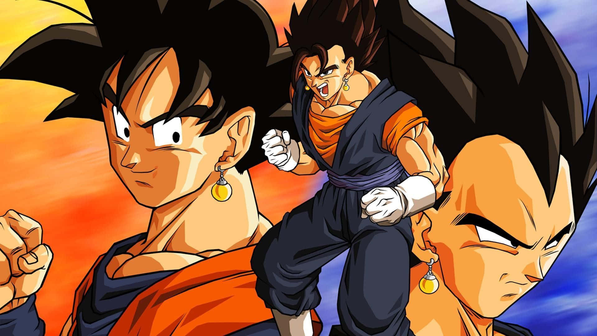 Vegeta And Goku 桌布 壁紙 — 三名賽亞戰士以戰鬥姿勢站在熾熱的橙藍色天空背景下。