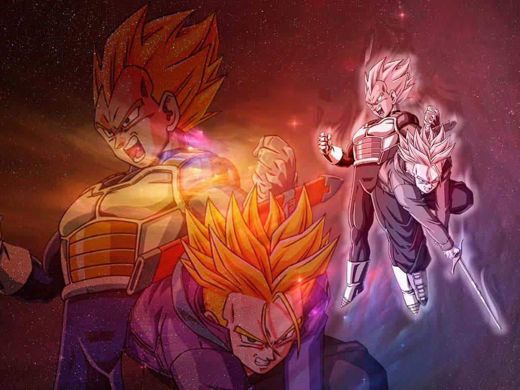Vegeta And Trunks 桌布 壁紙 — 三名超級撒亞人形態的撒亞人戰士在宇宙星空中戰鬥，伴隨著發光能量效果。