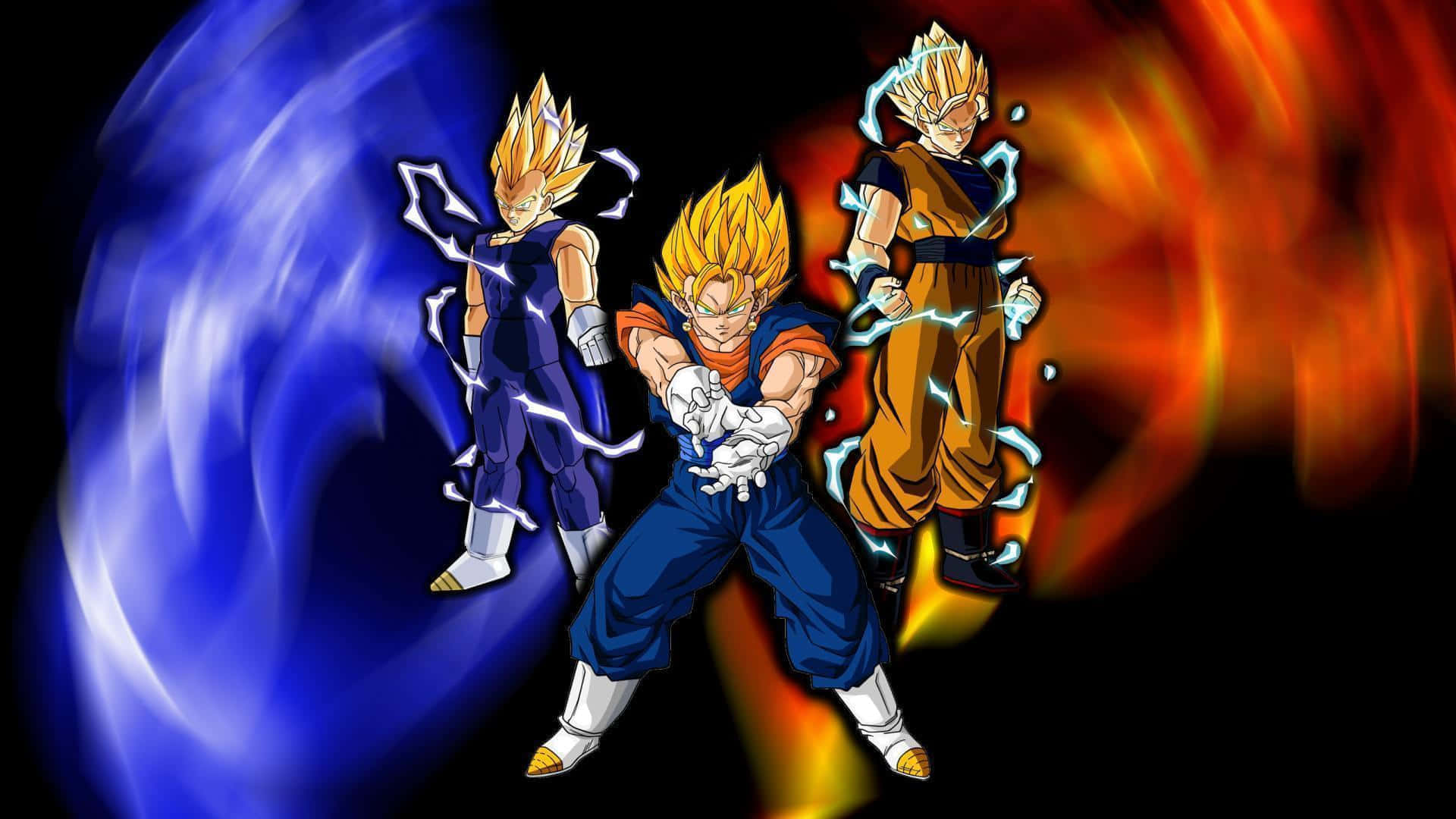 Dragon Ball Z Characters 桌布 壁紙 — 三名超級撒亞人戰士以動感姿態站立，被旋轉的藍色和橙色能量包圍，背景為黑色。