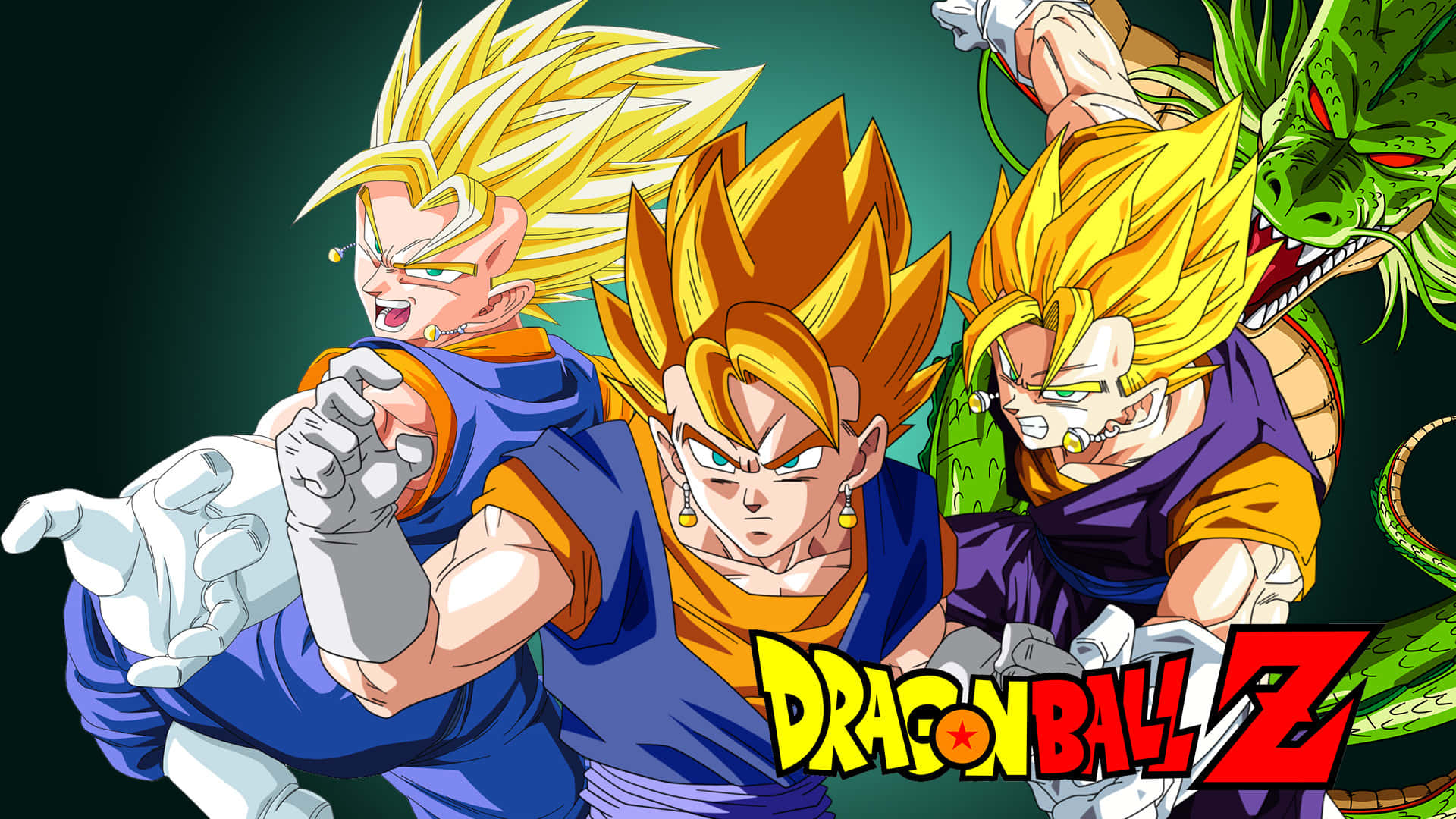 Dragon Ball Z Characters 桌布 壁紙 — 三名超級撒亞人戰士和一條綠色龍在深綠色背景上動態擺姿勢，並帶有龍珠Z標誌。
