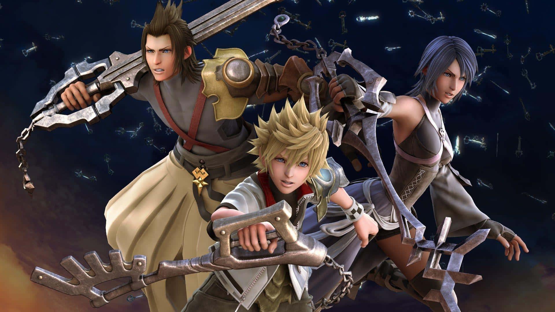 Kingdom Hearts Ventus 桌布 壁紙 — 三名身穿奇幻盔甲的動畫戰士，在充滿漂浮鑰匙的黑暗天空中揮舞著巨大的鑰匙形狀劍。