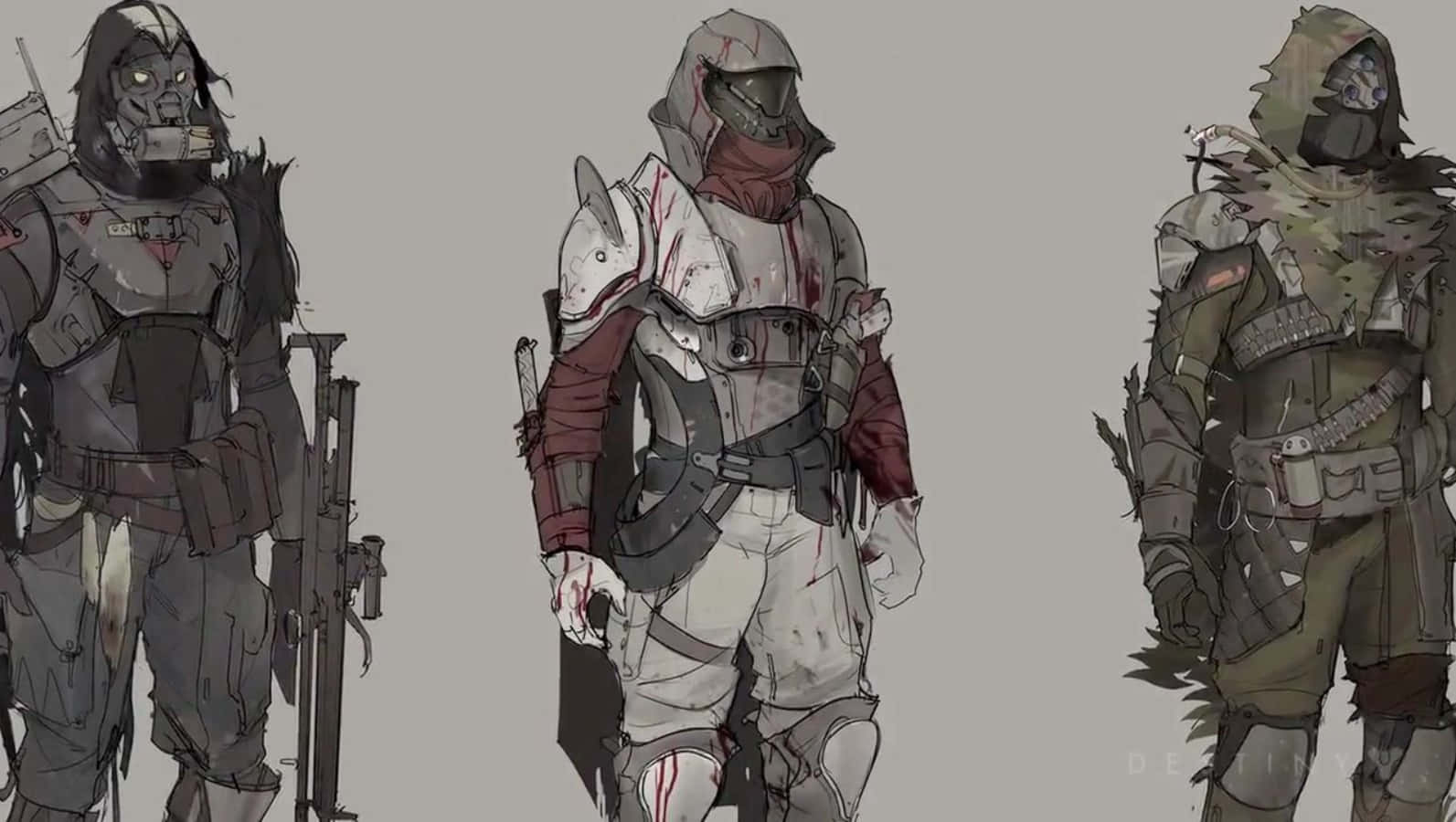 Destiny Characters 桌布 壁紙 — 三名身穿戰術裝備的堅毅裝甲戰士，在純灰色背景前站成一排。