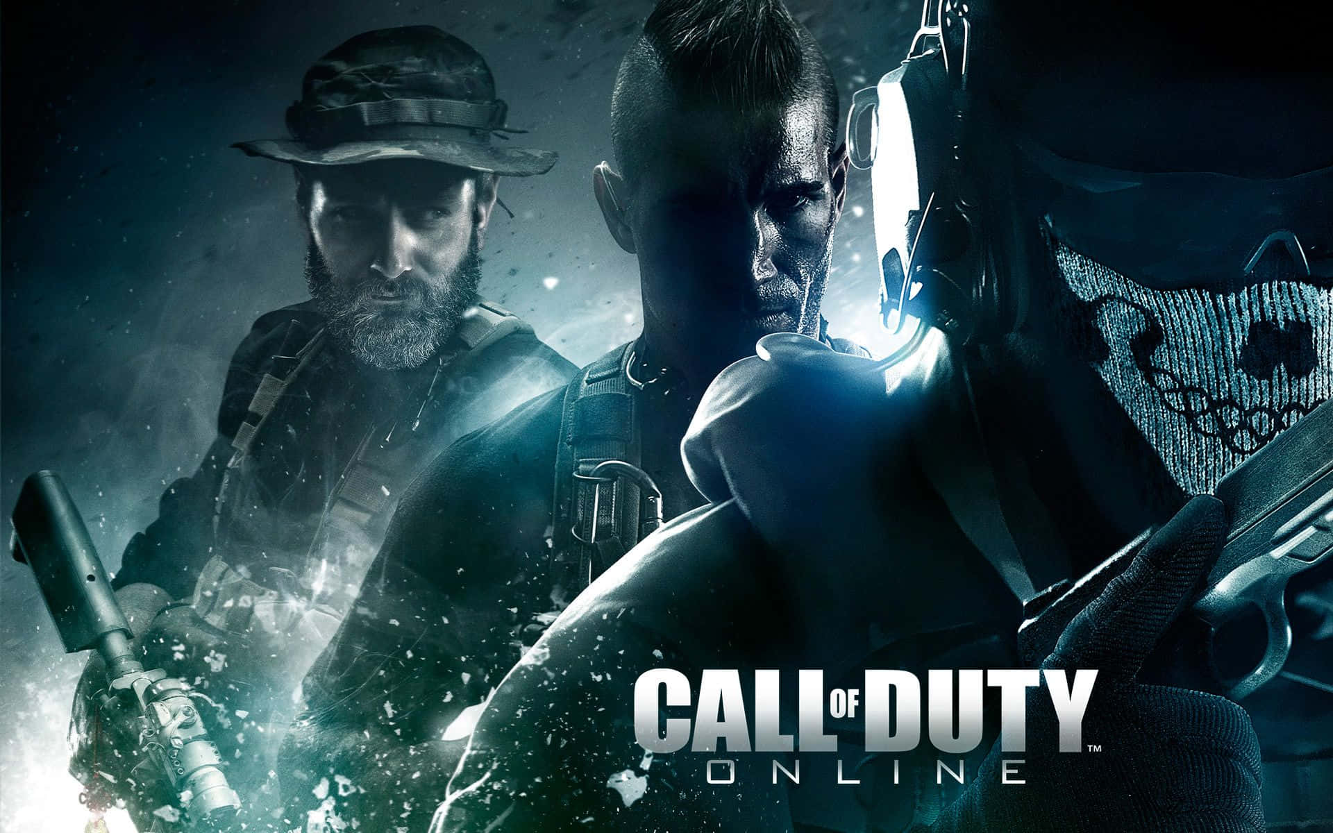 Cod 桌布 壁紙 — 三名身穿戰術裝備的士兵在戲劇性的藍色燈光下持槍準備就緒。