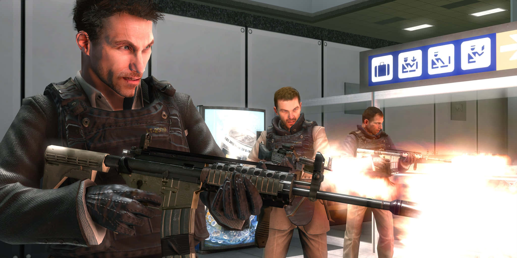 Call Of Duty Vladimir Makarov 桌布 壁紙 — 三名身穿戰術裝備的士兵在現代機場航站樓內開槍，槍口閃爍火光。