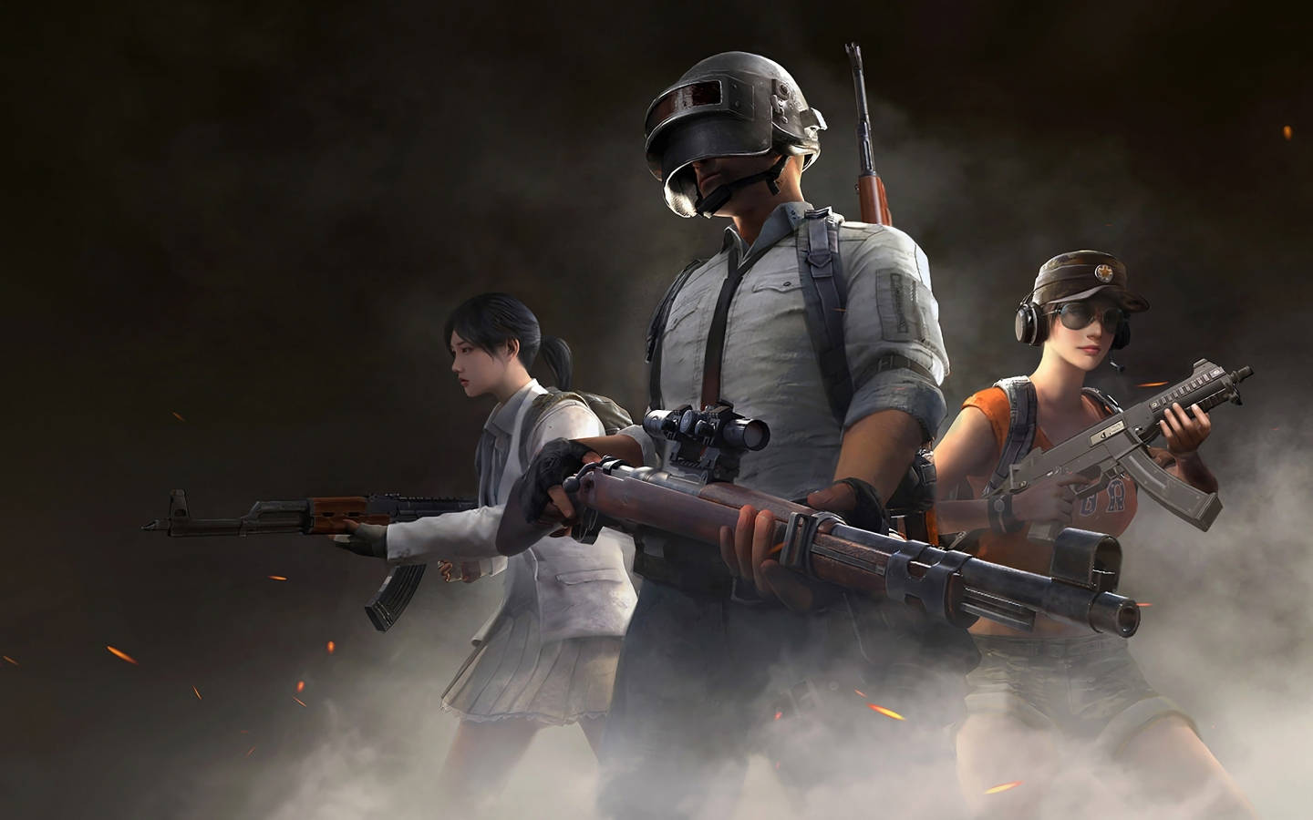 pubg mobile 桌布 壁紙 — 三名身穿戰術裝備的武裝玩家在煙霧彌漫的戰場上準備就緒，周圍火花四濺。