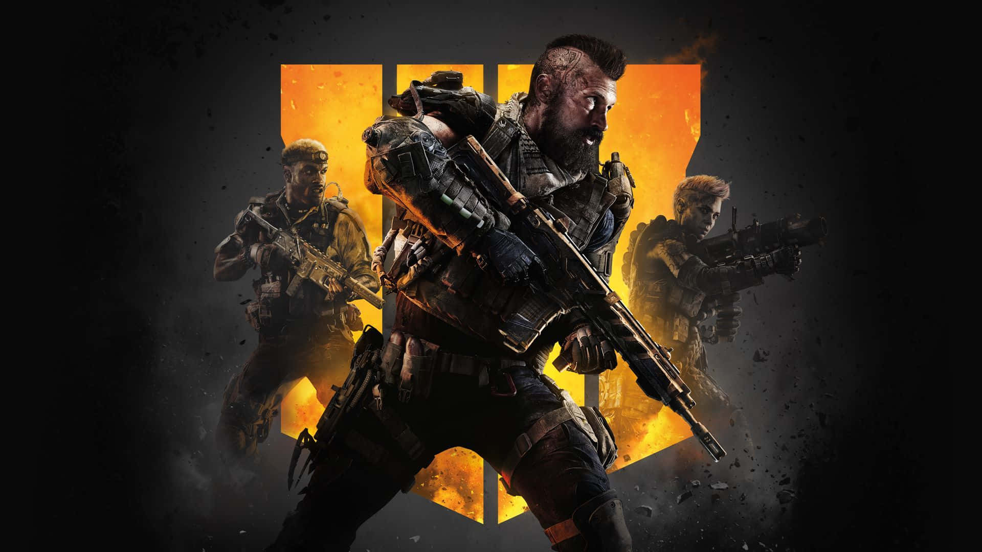 First-person Shooter 桌布 壁紙 — 三名身穿戰術裝備的粗獷士兵，在熾熱的橙色標誌背景下持步槍準備就緒。