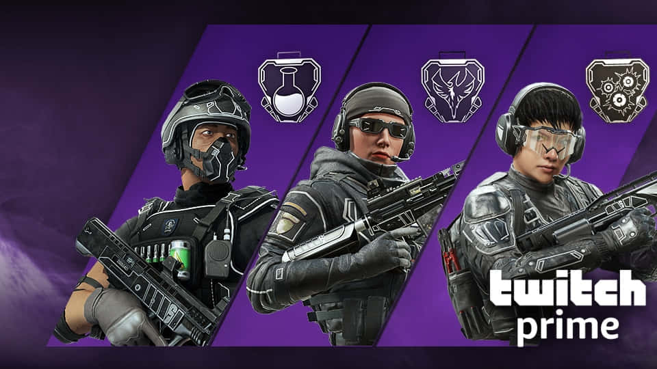Rainbow Six Siege Twitch 桌布 壁紙 — 三名身穿戰術裝備的裝甲玩家，在帶有 Twitch Prime 品牌的紫色幾何背景前手持武器。