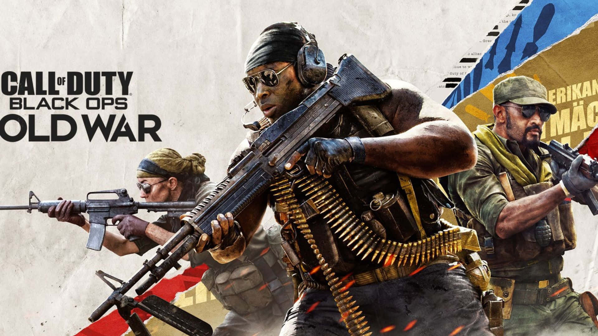 Call Of Duty Weapons 桌布 壁紙 — 三名身穿戰鬥裝備的士兵在粗糙紋理背景及遊戲標題文字前瞄準步槍。