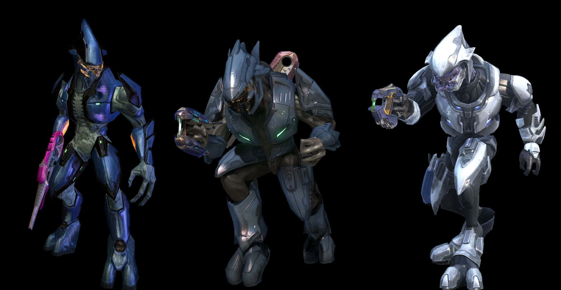 Halo Covenant 桌布 壁紙 — 三名身穿未來裝甲的外星戰士在黑色背景前蓄勢待發，散發著霓虹光芒。