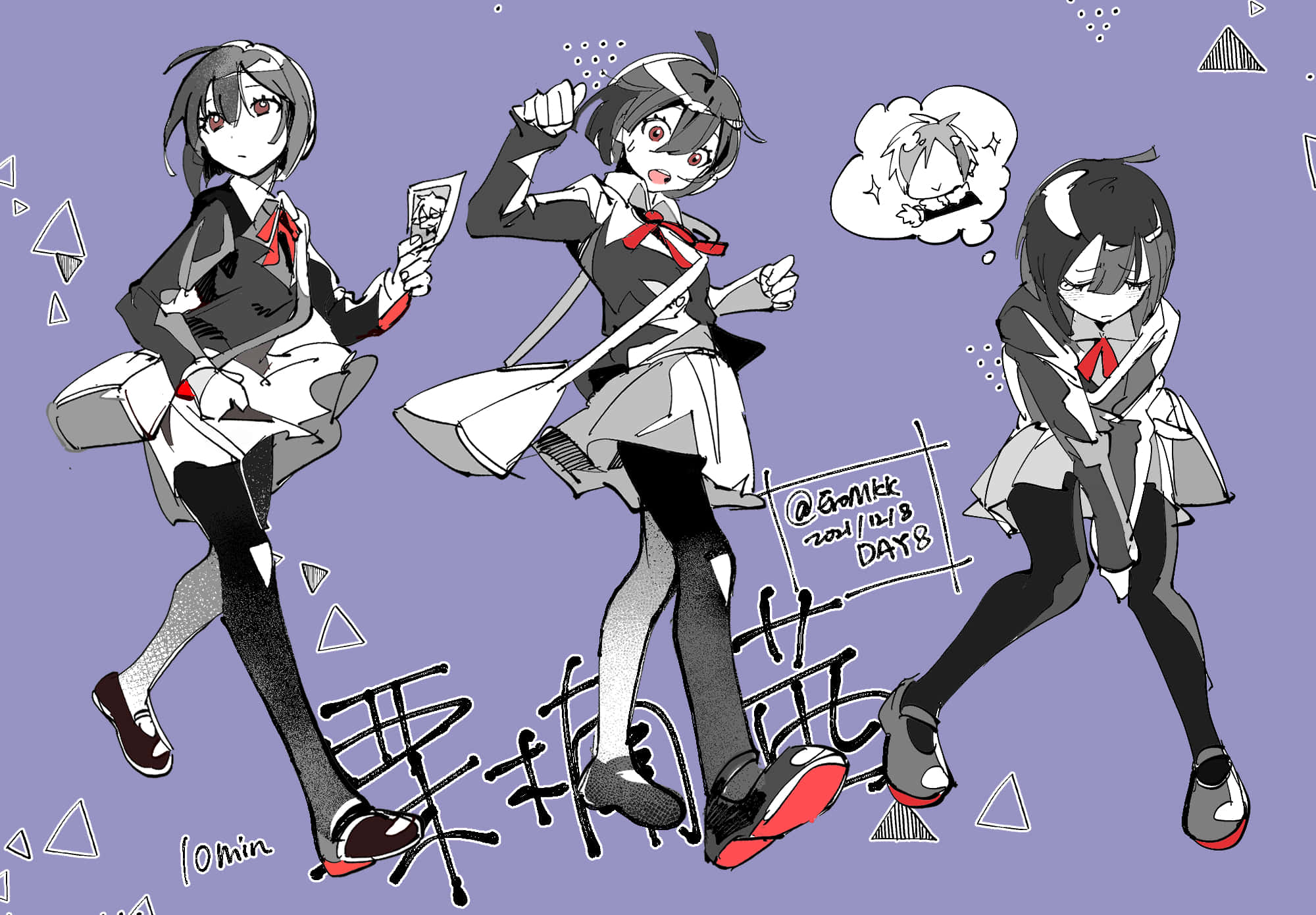 Akane Awakusu 桌布 壁紙 — 三名身穿校服的動漫女孩在帶有幾何圖形和日語文字的紫色背景前動態擺姿勢。